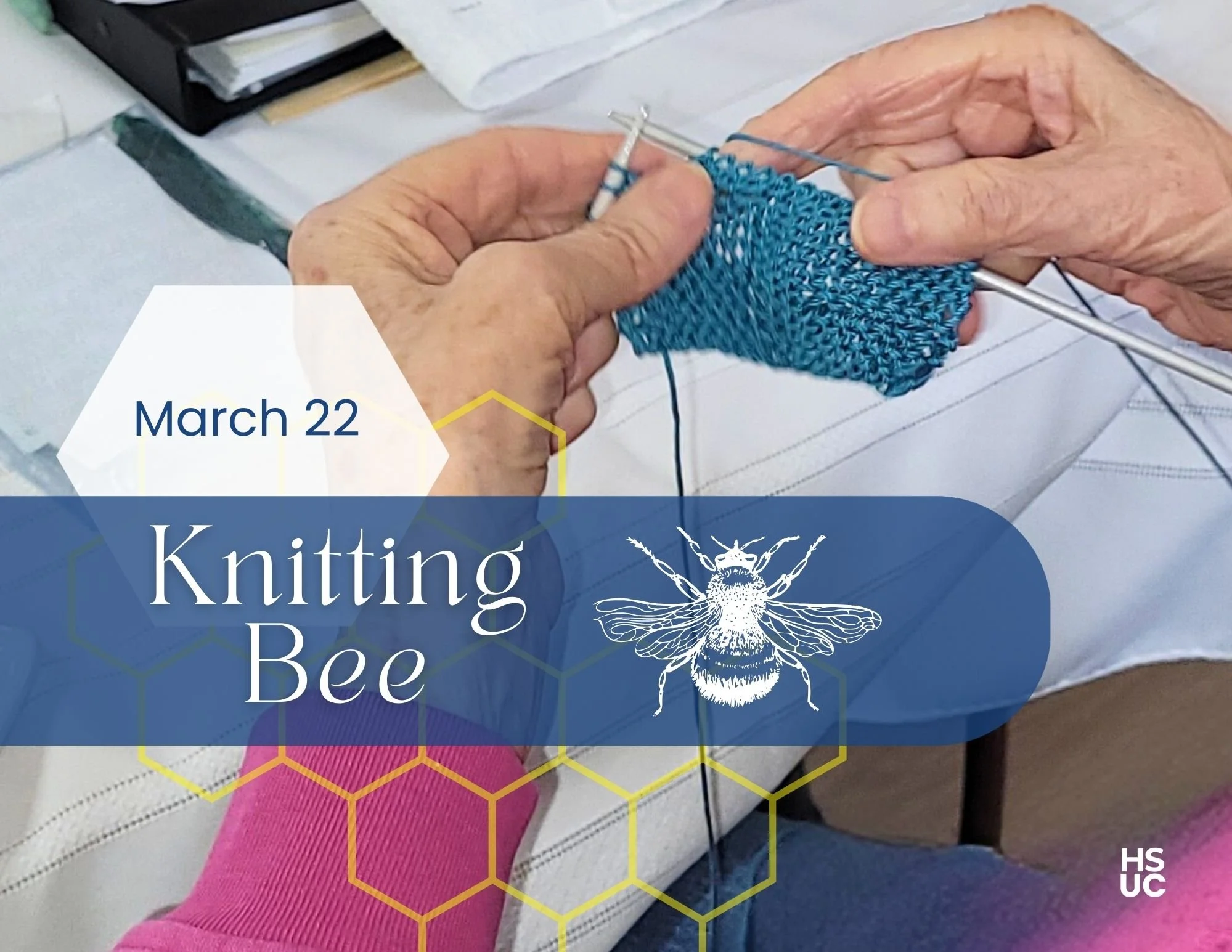 A woman in a pink sweater knits with blue yarn. Design elements include the words Knitting Bee and a stylized bee in white on a blue background. 