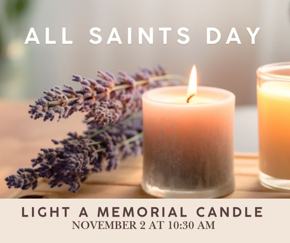 A lavender candle and a glass votive candle lit on a table for All Saints Day, with text indicating the event is on November 2 at 10:30 AM.