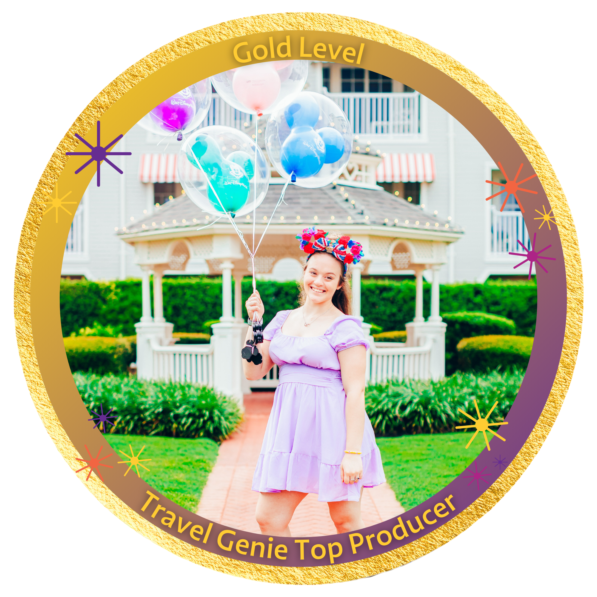 A young woman in a purple dress holding balloons stands on a brick pathway in front of a white pavilion, with a multi-story building and green bushes in the background.