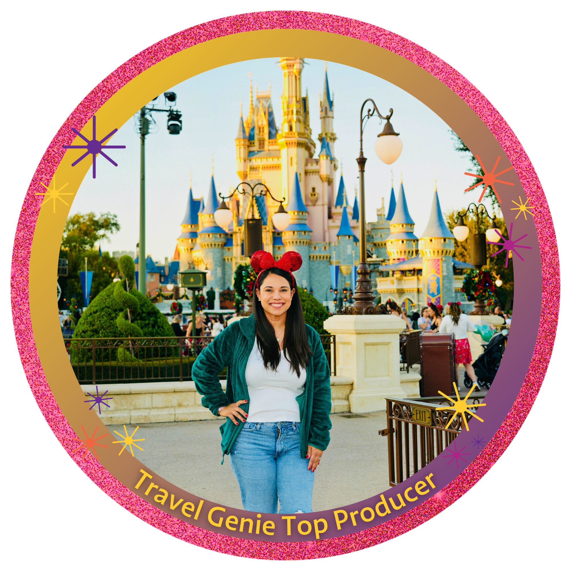 A smiling woman in a car taking a selfie, with a decorative pink and purple frame around her photo, and the text "Travel Genie Top Producer" with a genie lamp icon and sparkles below her picture.