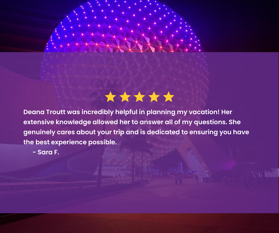 Nighttime view of a spherical geometric structure with purple and pink lights, resembling a geodesic dome, with walkway and people in the foreground.