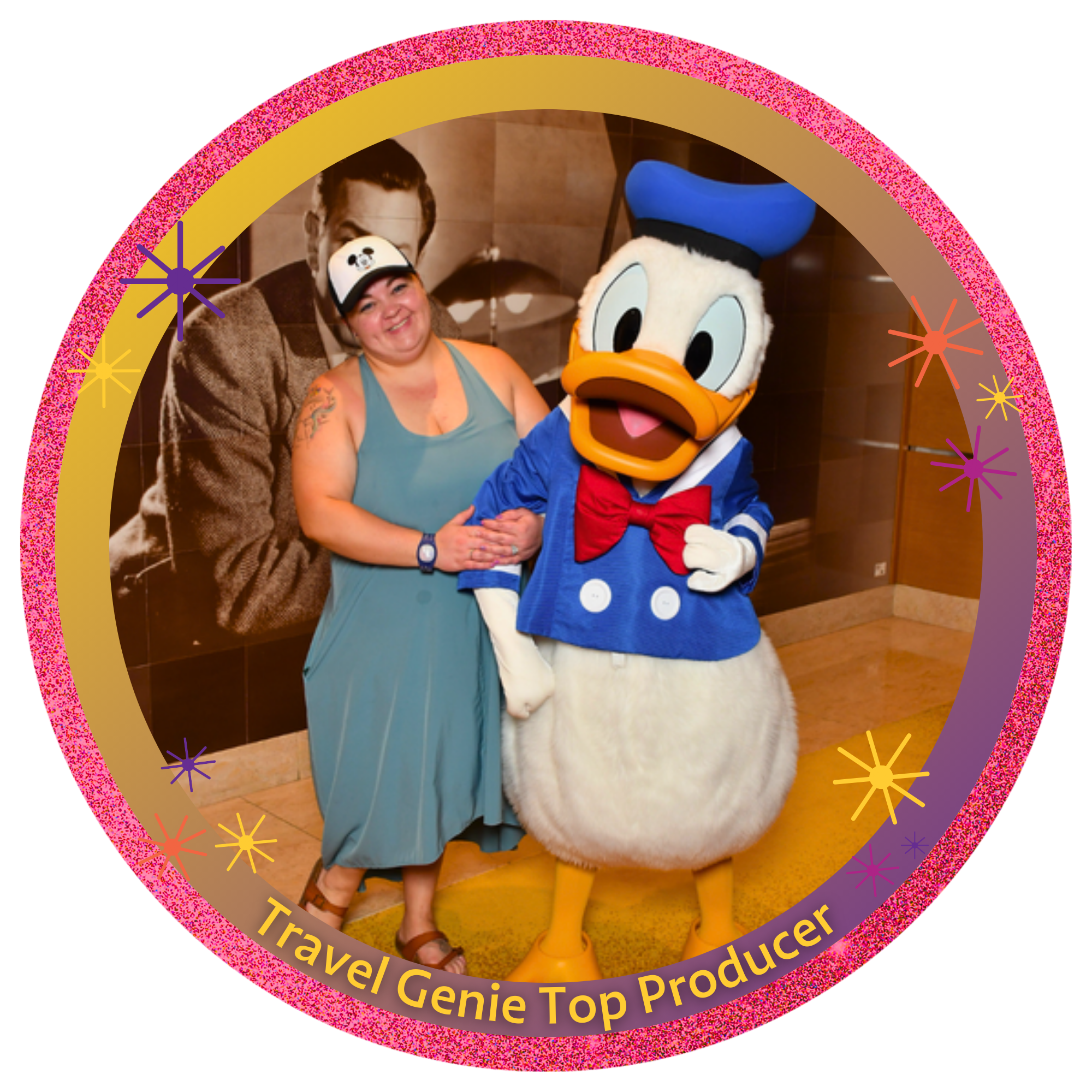 A woman standing next to a person in a Donald Duck costume in a travel-themed setting with a sign that reads "Travel Genie Top Producer."