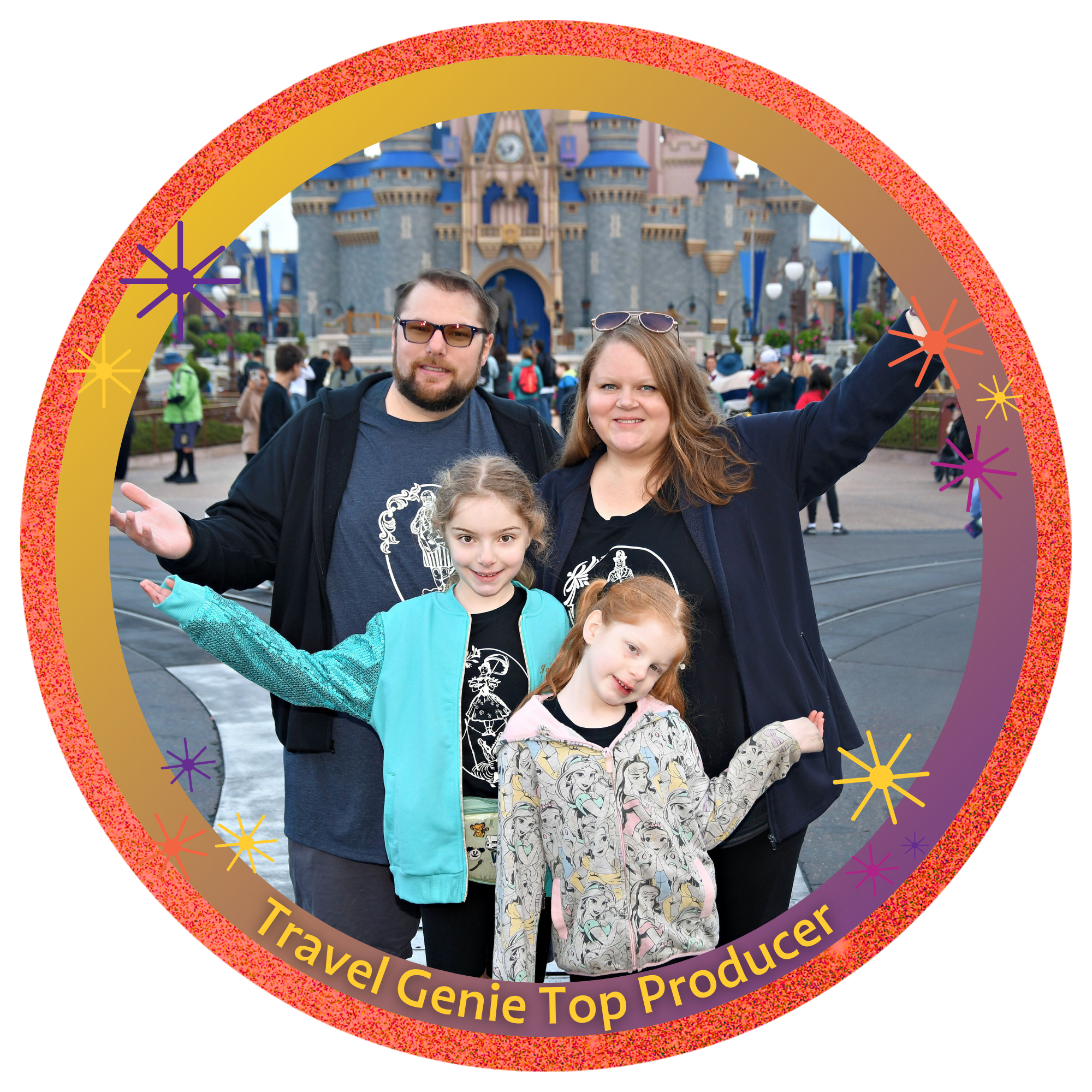 Family of four with two young girls smiling and posing in front of Sleeping Beauty Castle at Disneyland during daytime.