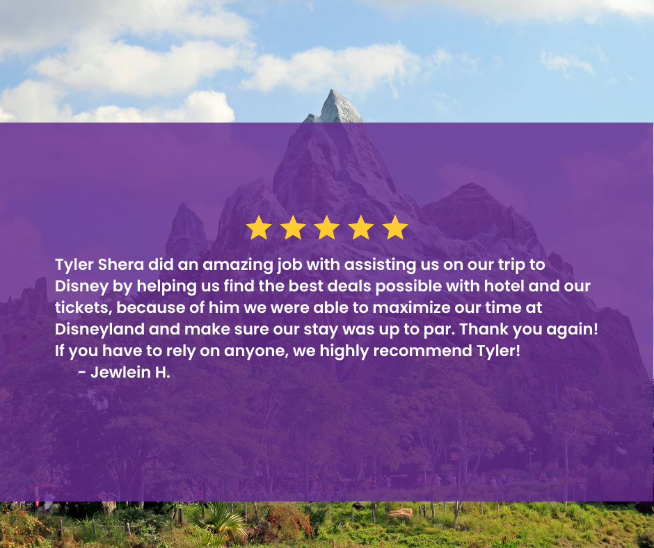 Image of a review or testimonial overlay on a scenic background of the Matterhorn mountain at Disneyland with blue sky and clouds.