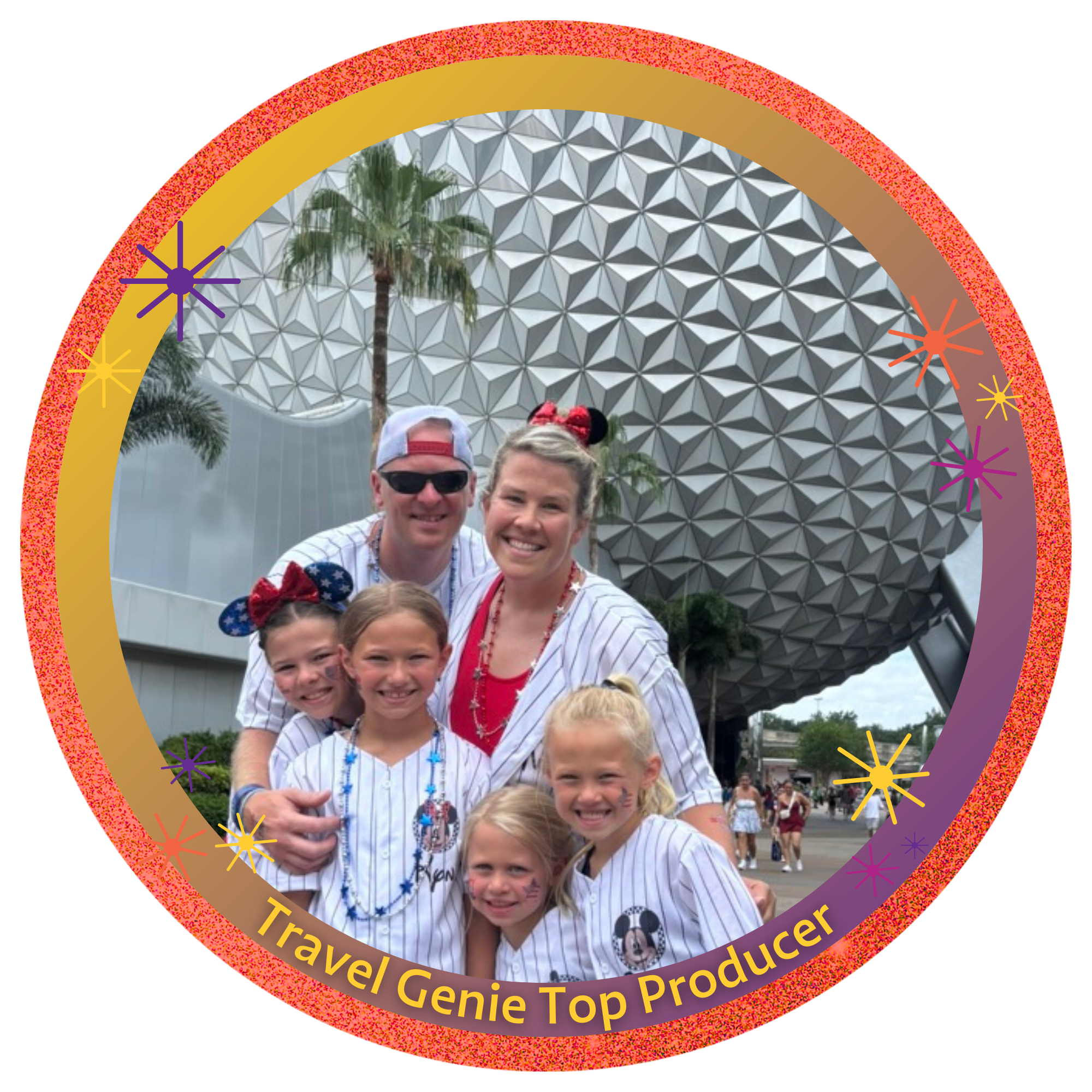 Family of five posing in front of Spaceship Earth at EPCOT, Disney World, wearing matching baseball jerseys with personalized names and Mickey Mouse ears, with other park visitors in the background.