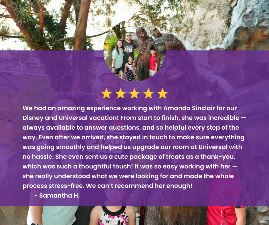 Group of people, including children, posing with Chewbacca from Star Wars at a Disney Universal vacation, surrounded by trees and rocky formations.