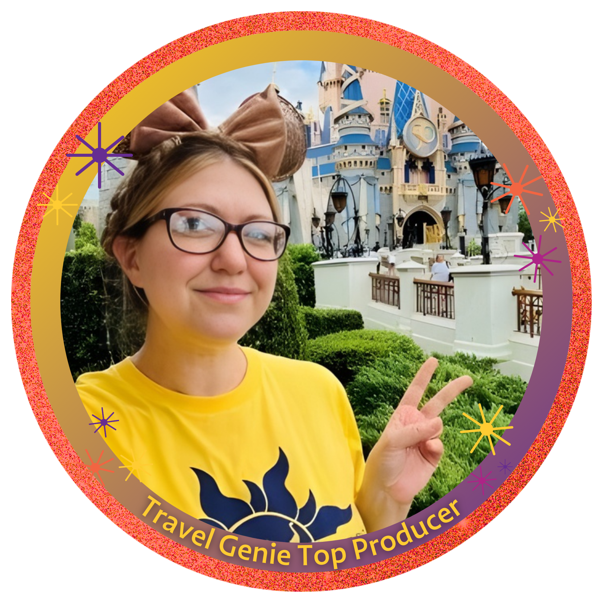 A young woman wearing a yellow shirt and Minnie Mouse ears headband making a peace sign in front of Sleeping Beauty Castle at Disneyland.