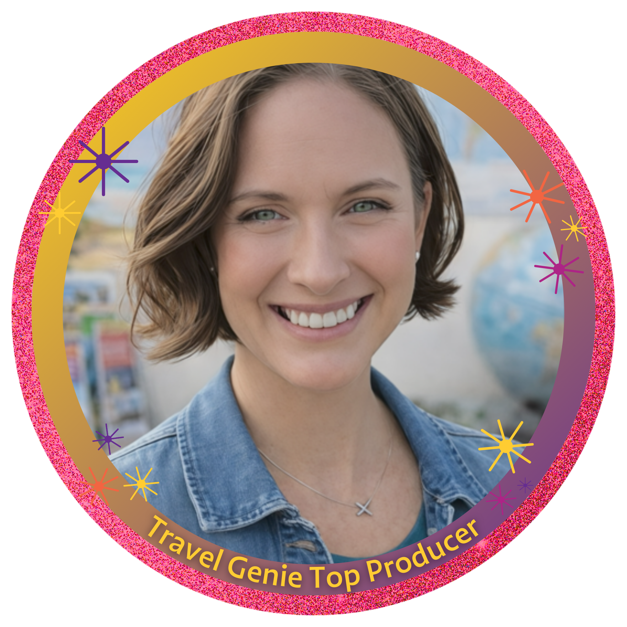 A woman smiling at Disneyland with a castle in the background, wearing Minnie Mouse ears and multiple medals around her neck.
