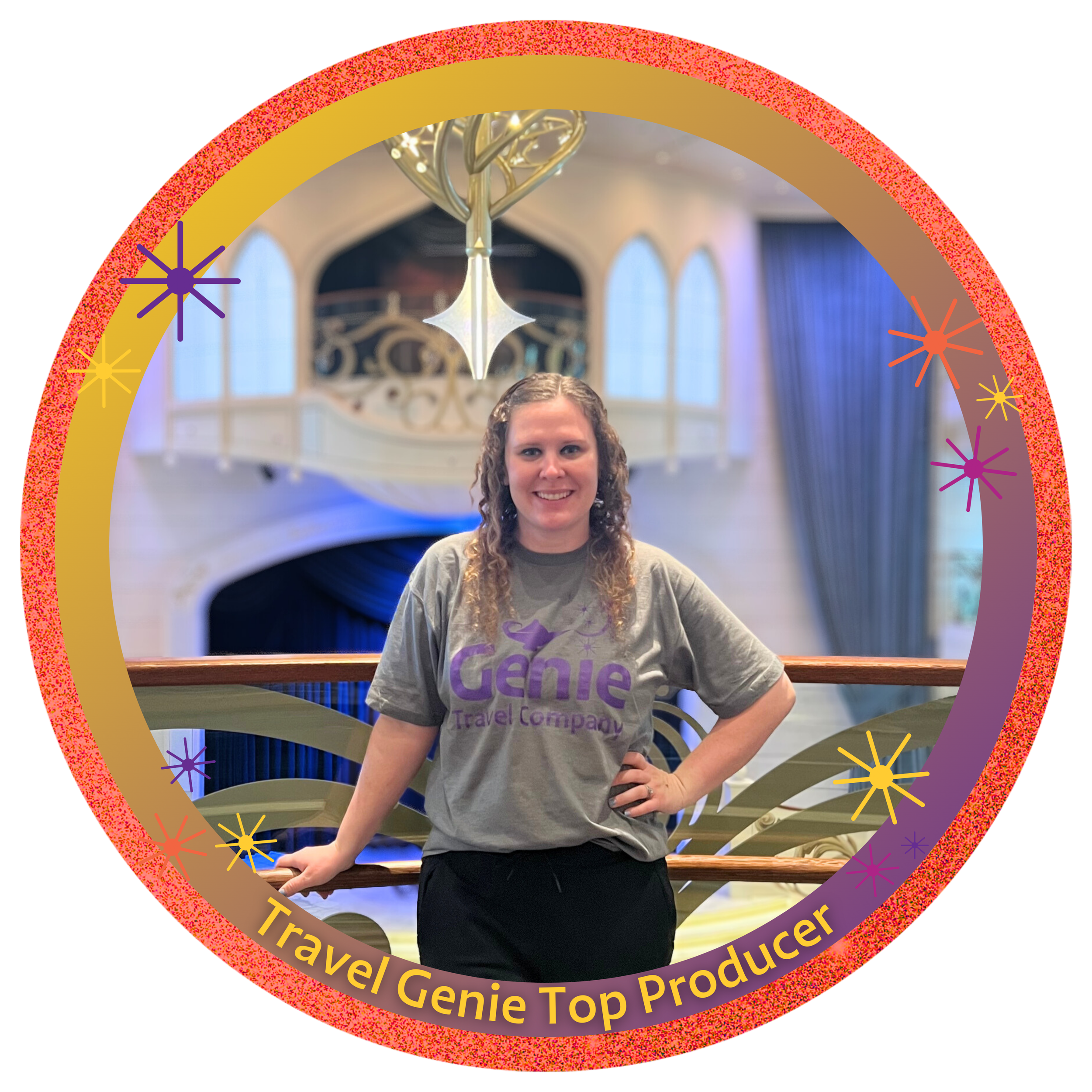 A woman standing in front of the entrance to Magic Kingdom at Disney World, wearing Minnie Mouse ears with glowing blue lights, smiling and posing for the photo. The iconic Main Street train station is visible in the background decorated for Christmas.