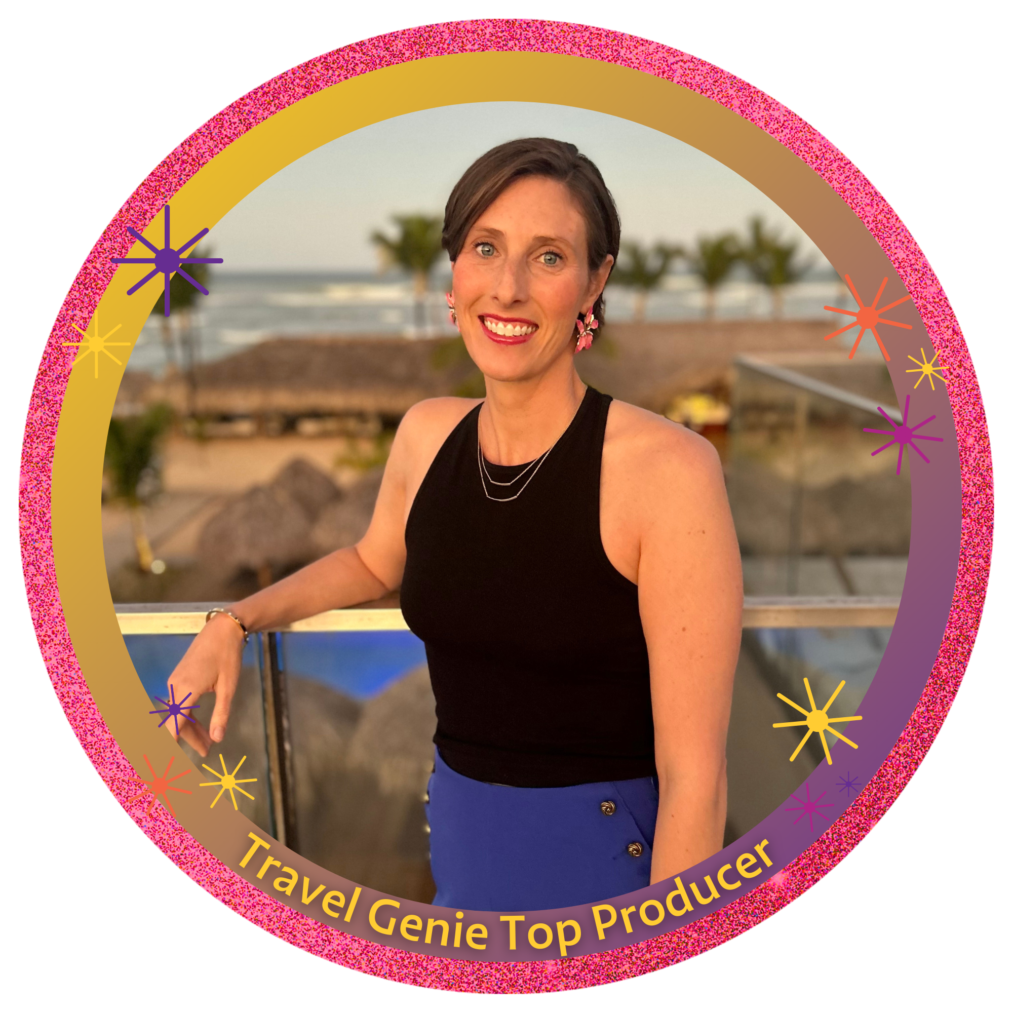 A family of four posing at Disneyland, with the Hollywood Tower Hotel ride in the background. The mother and daughter are wearing Mickey Mouse shirts and sunglasses, while the father is carrying a young boy on his shoulders. The boy is pointing and appears excited. The scene is lively with other visitors and palm trees around.