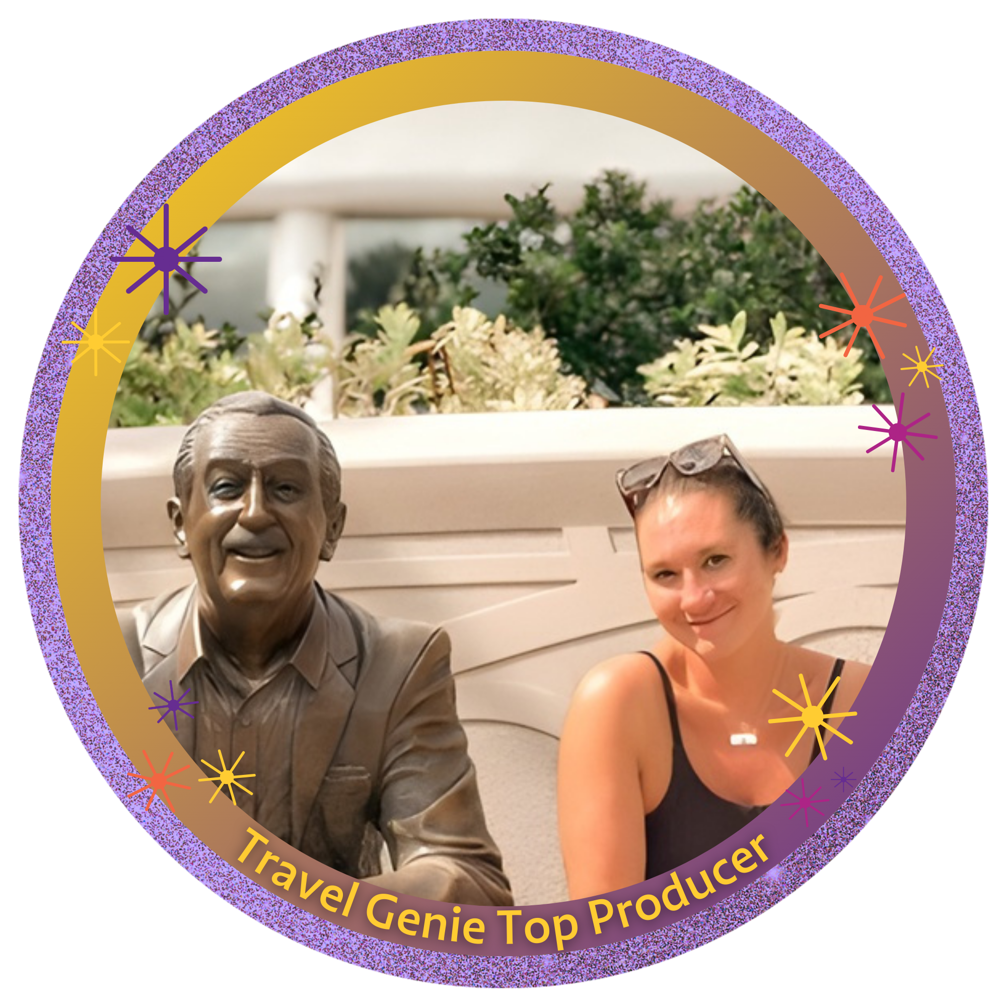 A woman sitting next to a bronze statue of a man, both smiling. They are outdoors with plants and a building in the background, and the image has a graphic design border with the caption 'Travel Genie Top Producer' and sparkles.