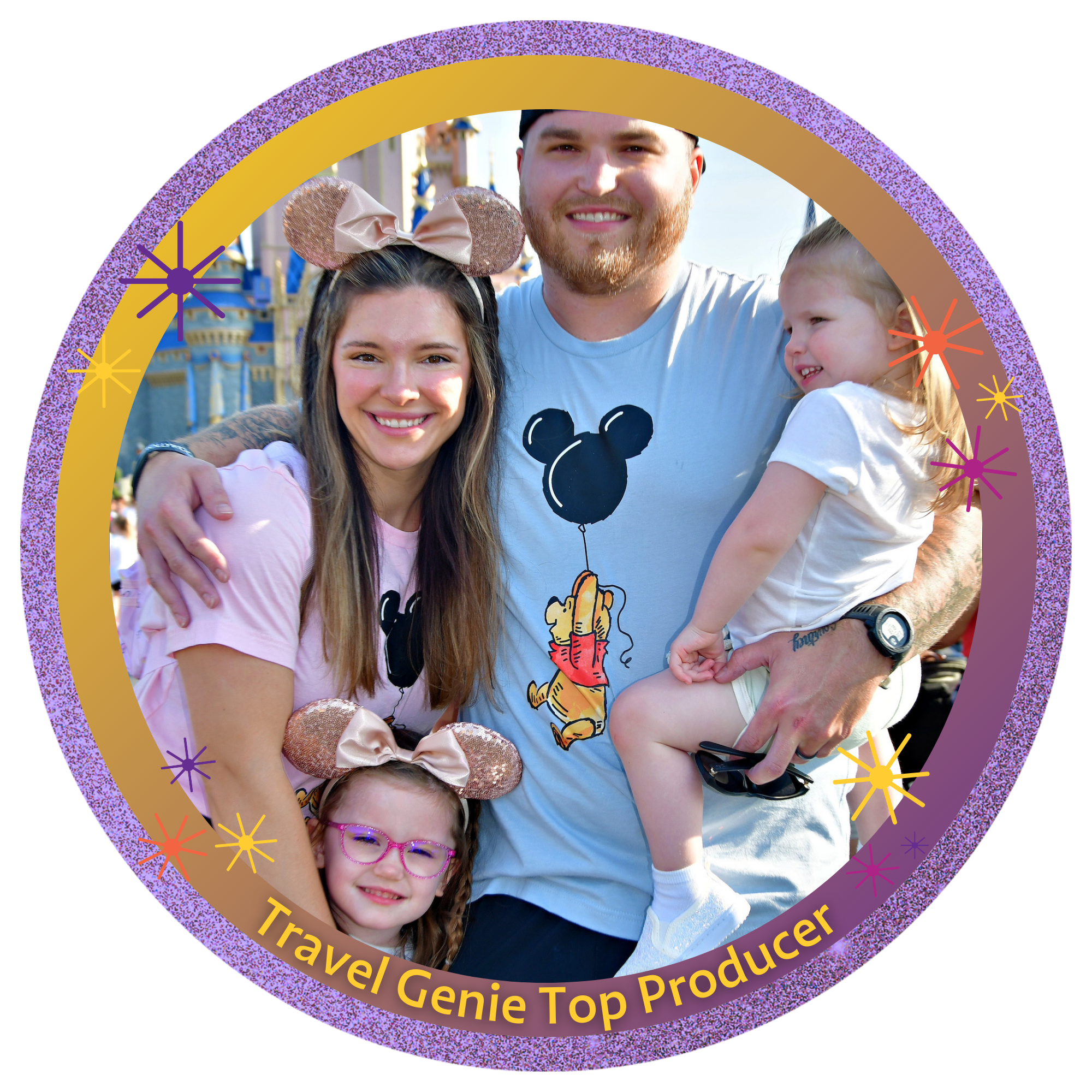 A happy family of four posing in front of Sleeping Beauty Castle at Disneyland. The mother and daughter are wearing Minnie Mouse ears. The man and daughter are wearing matching Disney-themed shirts, and the little girl has glasses. The background shows a clear sky and part of the castle.