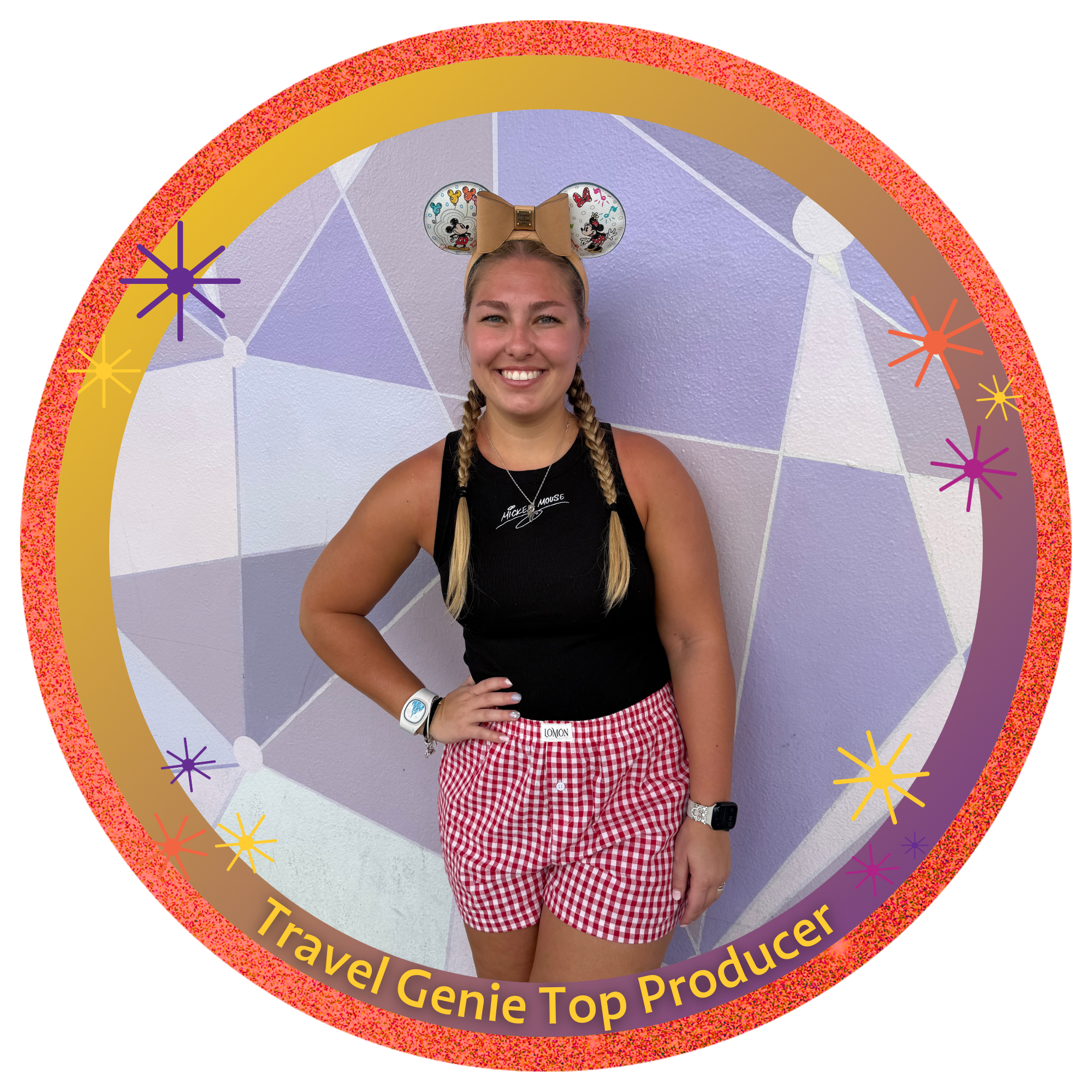 Young woman smiling at a theme park, wearing Minnie Mouse ears, holding a 'Crime Scene Do Not Cross' sign, with a castle in the background.