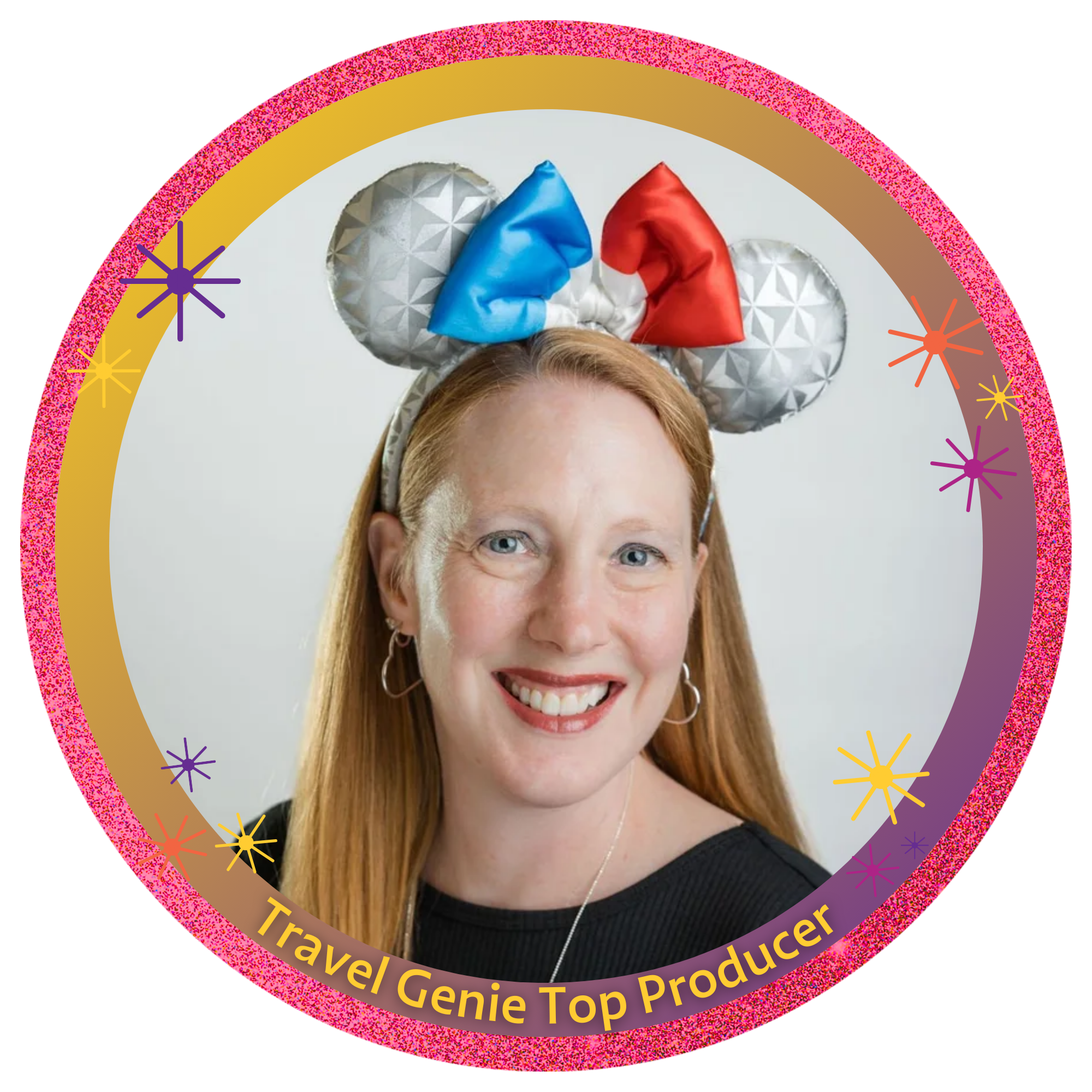 A woman with long red hair, wearing a striped shirt and a smartwatch, smiling outdoors, with trees and a body of water in the background, and a Minnie Mouse headband on her head. The image has a decorative border with the text "Travel Genie Top Producer" and star accents.
