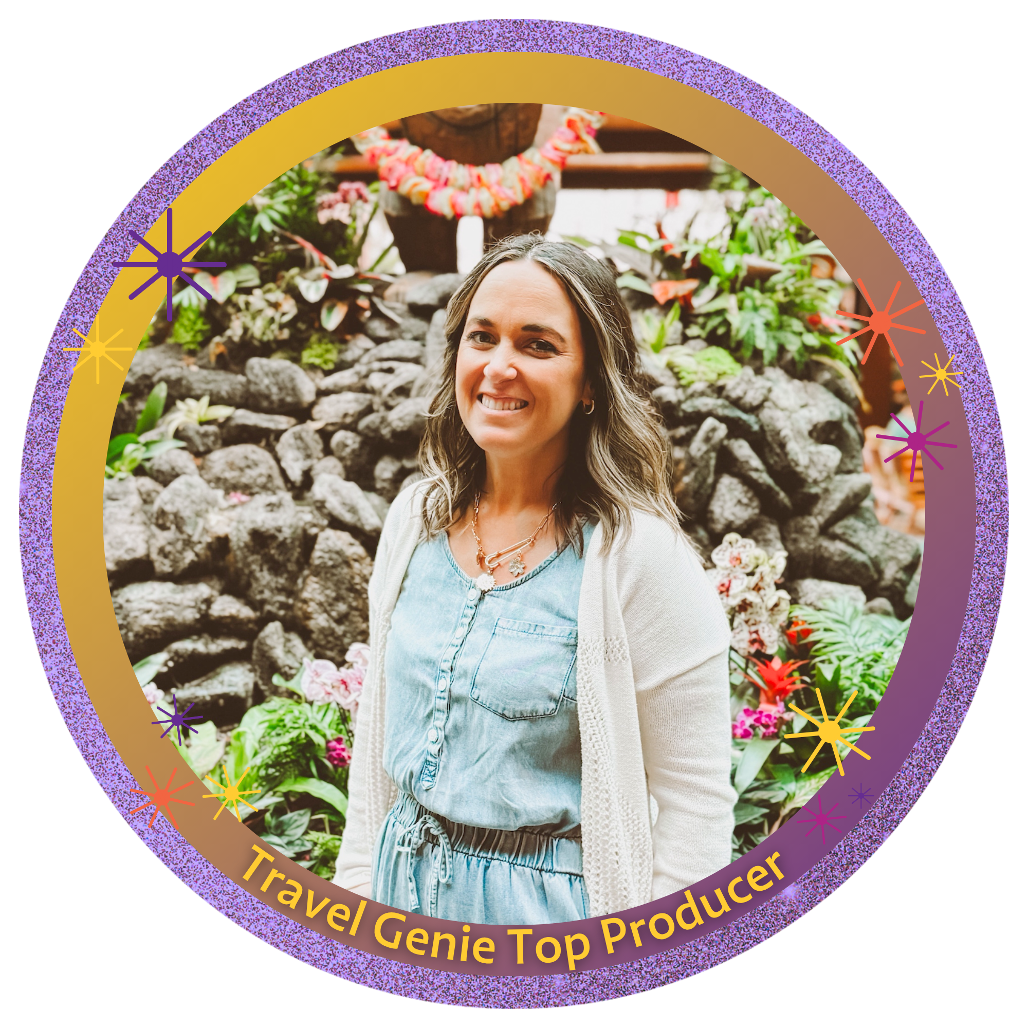 A woman smiling in a portrait photo with a headband featuring black ears with white polka dots and a large gold bow, surrounded by a circular frame with purple accents and text that reads "Travel Genie Top Producer".