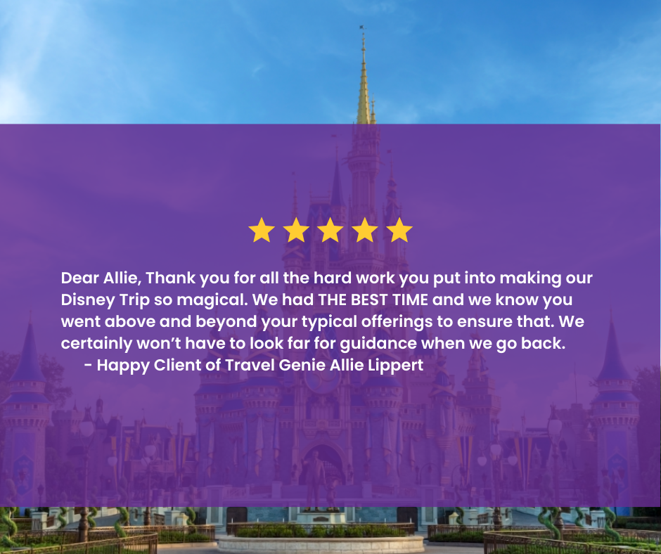 A thank you message for a Disney trip with a background image of a castle and a purple overlay, highlighted with five gold stars at the top.