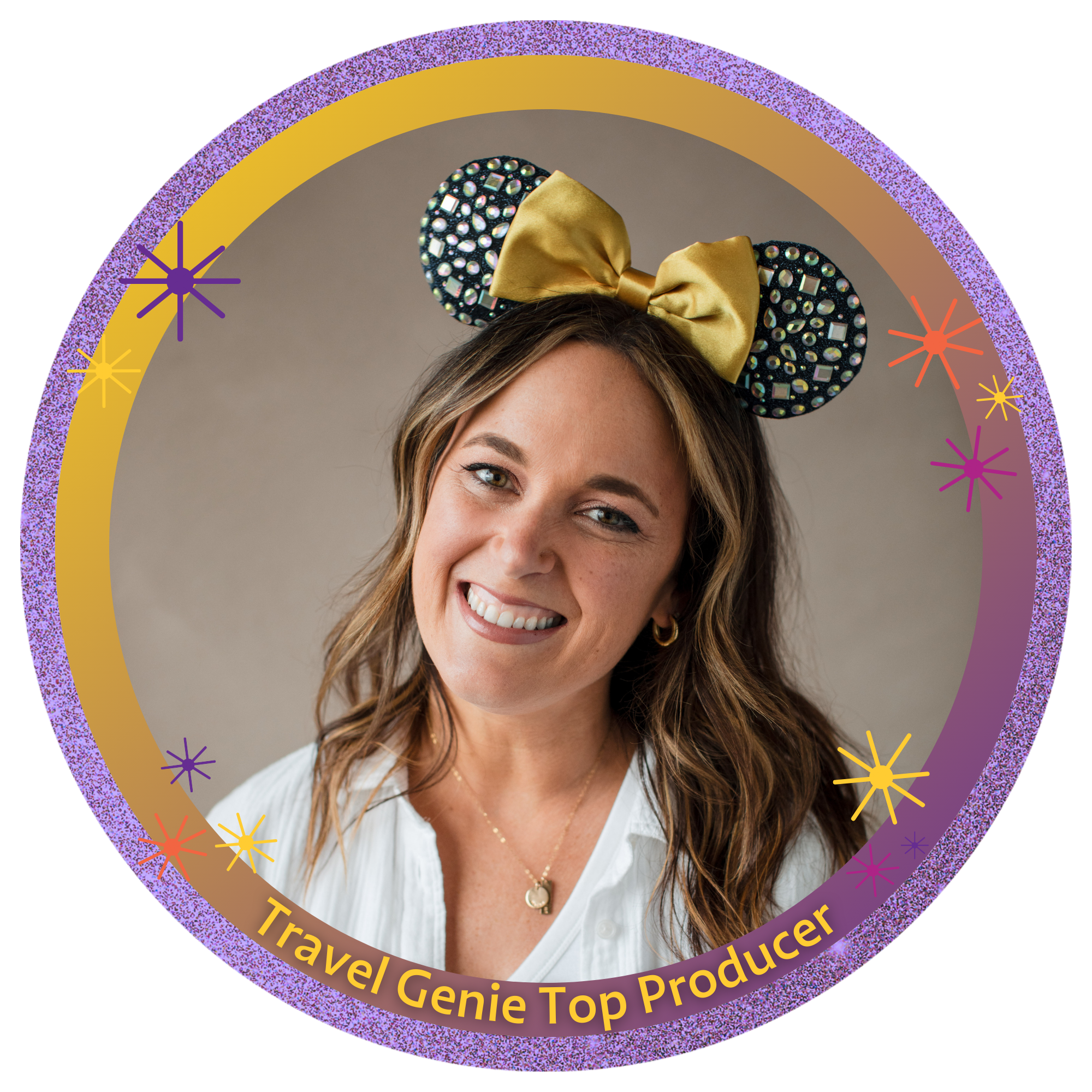 A woman smiling in a portrait photo with a headband featuring black ears with white polka dots and a large gold bow, surrounded by a circular frame with purple accents and text that reads "Travel Genie Top Producer".
