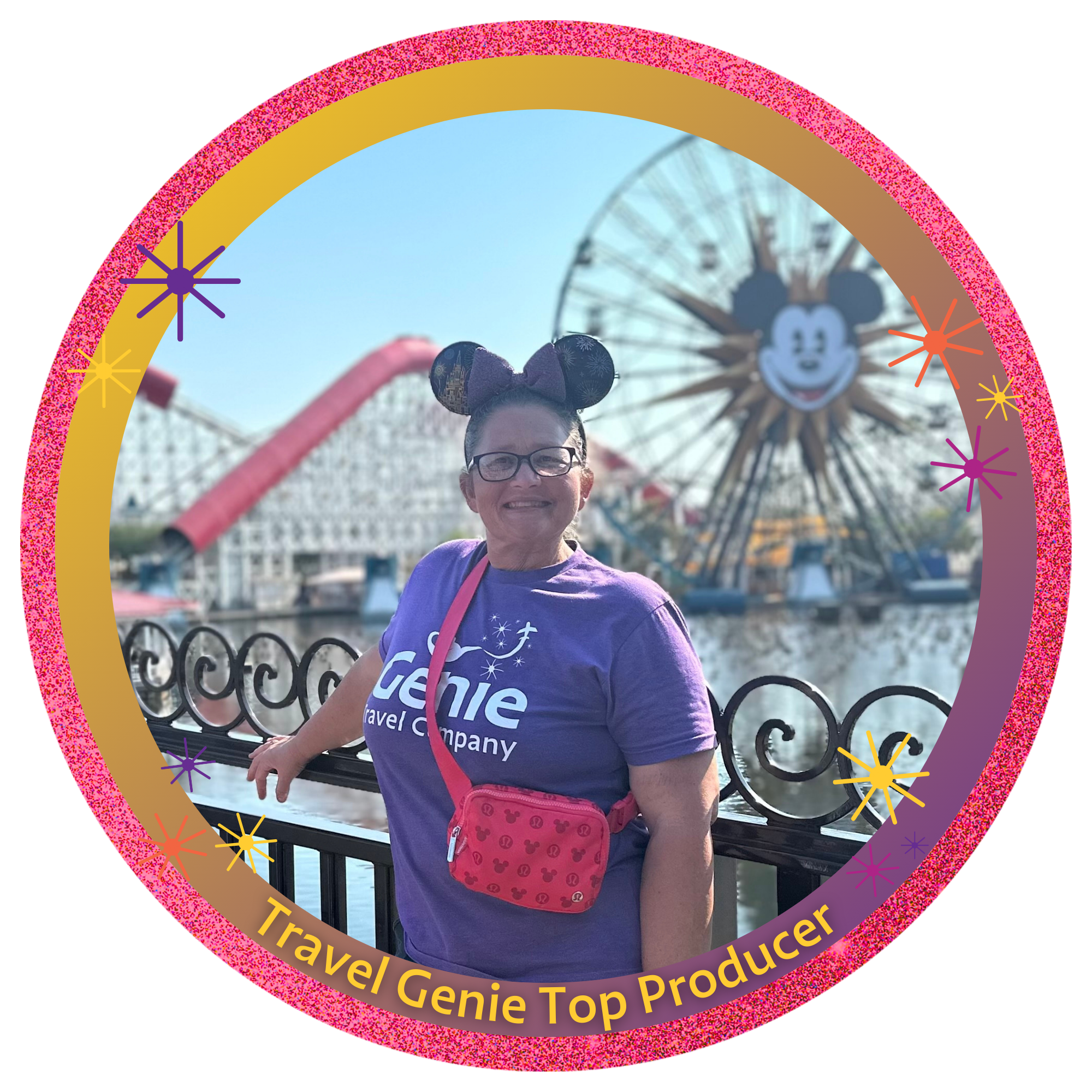 Photo of two women at Disney theme park with Cinderella's Castle lit up in the background at night. One woman is young with Mickey Mouse ears, and the other is older with glasses and a purple lei. The photo is framed with a pink and purple border and the words "Travel Genie Top Producer" along with a magic lamp icon and sparkles.