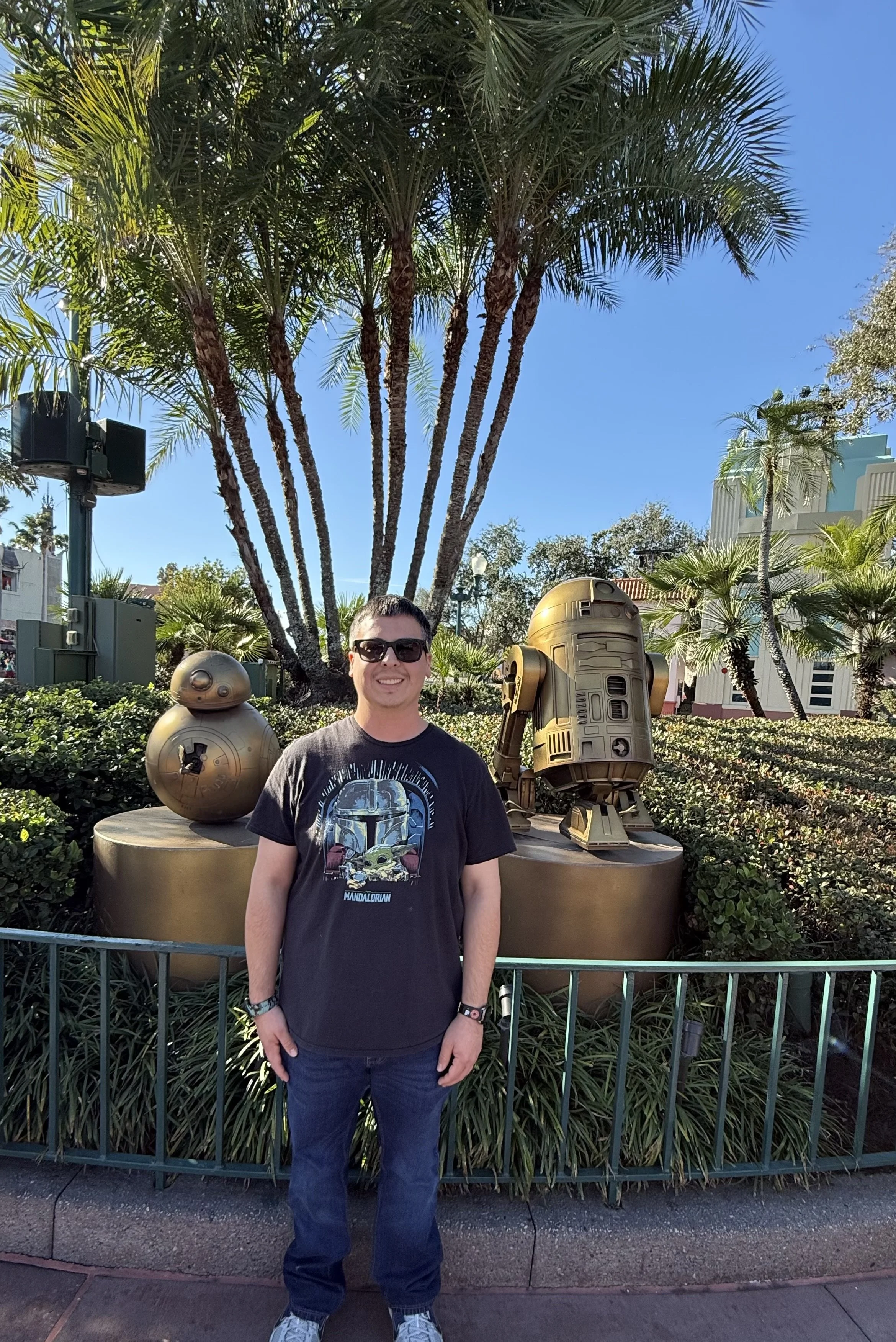 A man wearing sunglasses and a black Mandalorian t-shirt stands outdoors in front of life-sized statues of BB-8 and R2-D2 from Star Wars, with a large palm tree and blue sky in the background.