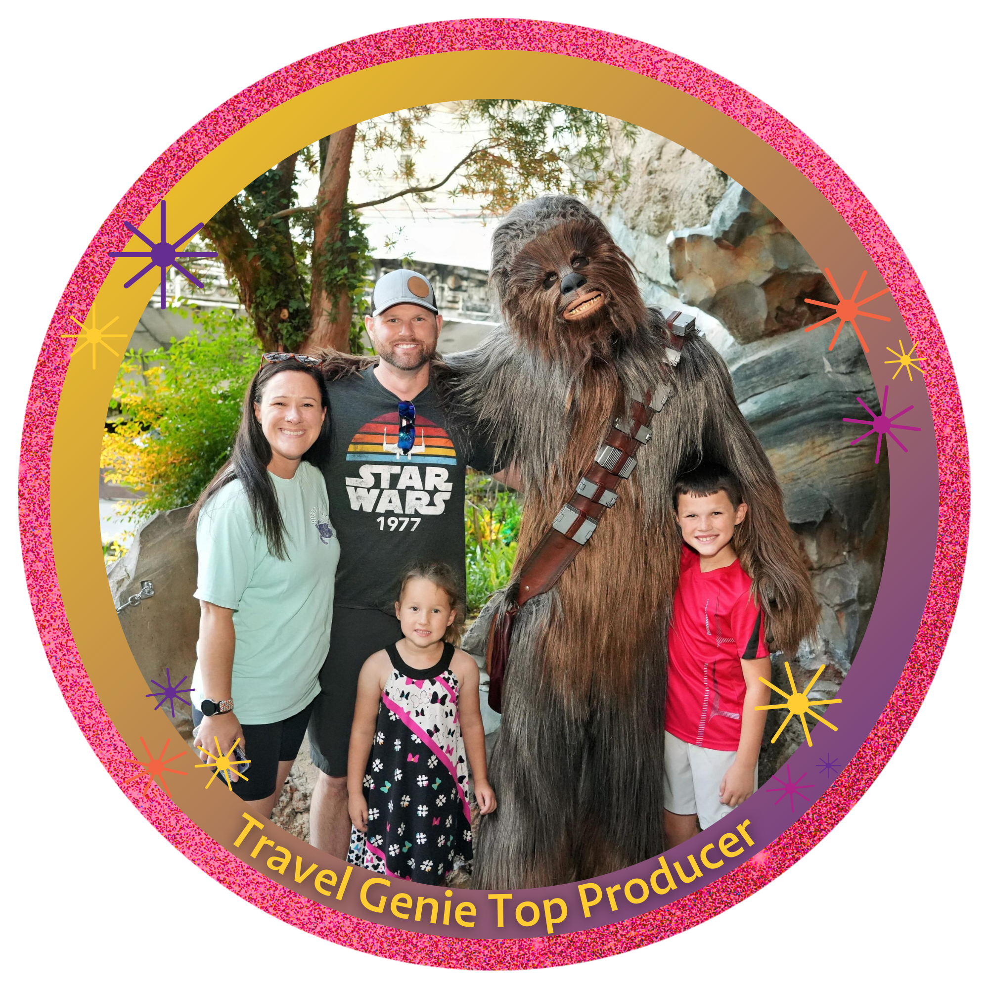 A family of four posing with Mickey Mouse at a Disney-themed location, with other people dining in the background.