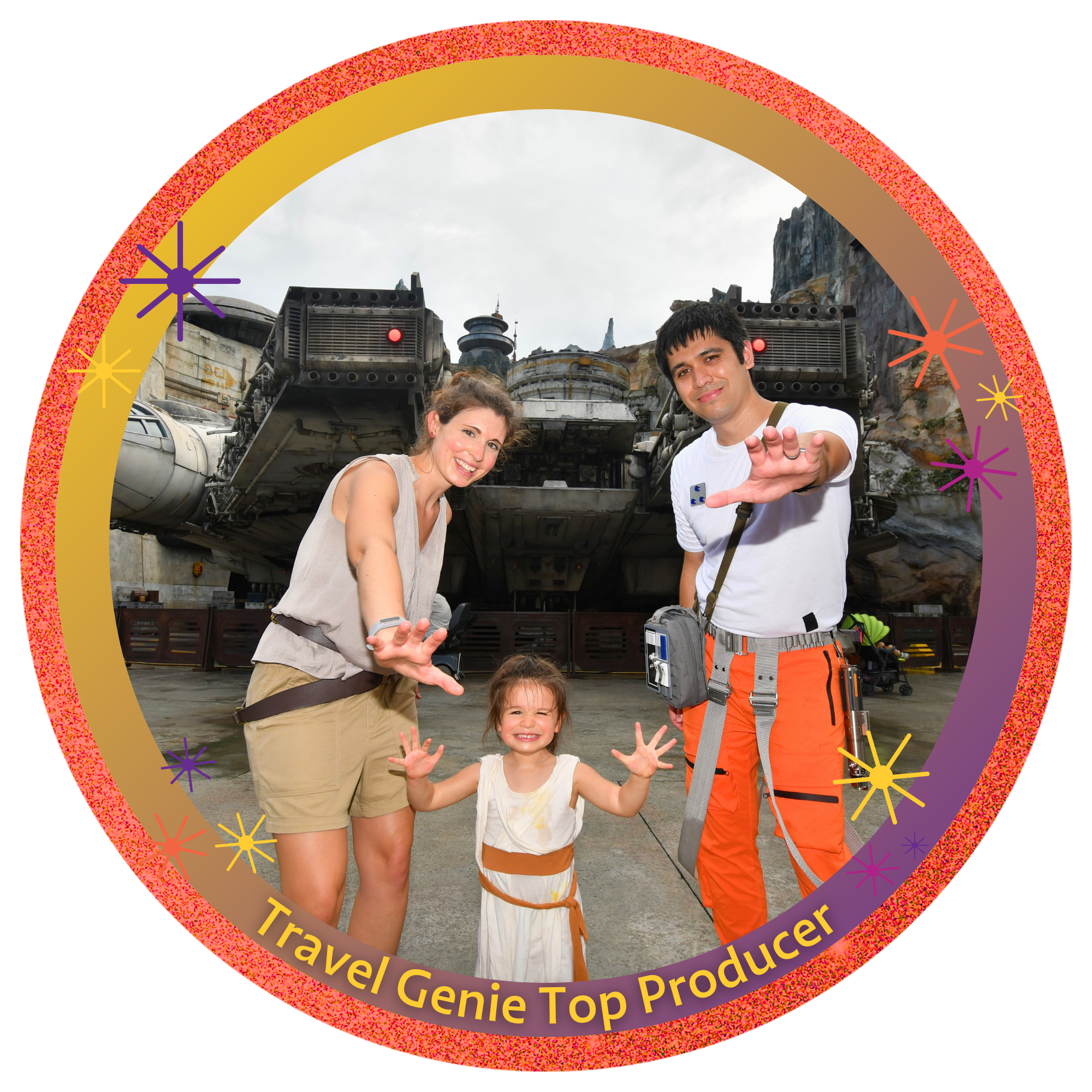 A family of three posing in front of the Millennium Falcon at a Star Wars-themed attraction, with a rocky landscape and other visitors in the background.