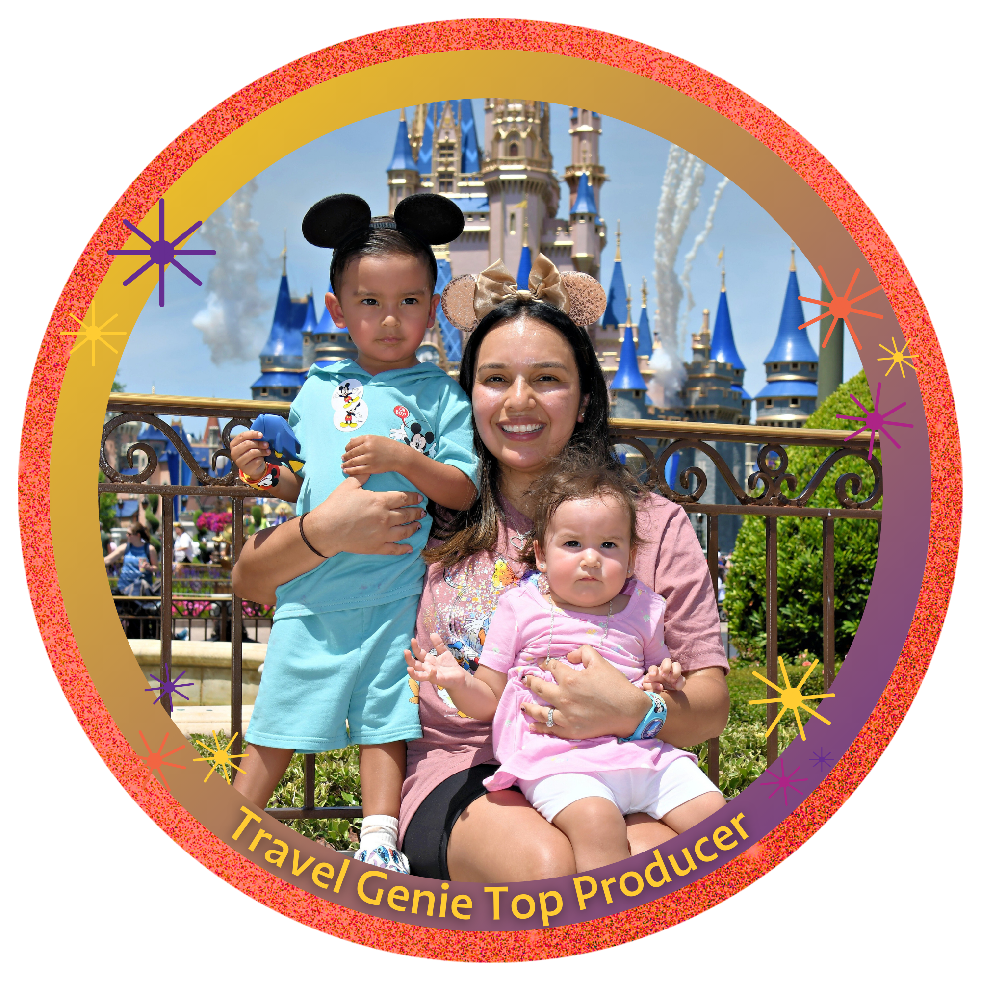 A woman with two young girls in front of Sleeping Beauty Castle at Disneyland, wearing Mickey Mouse ear headbands, with fireworks in the sky.