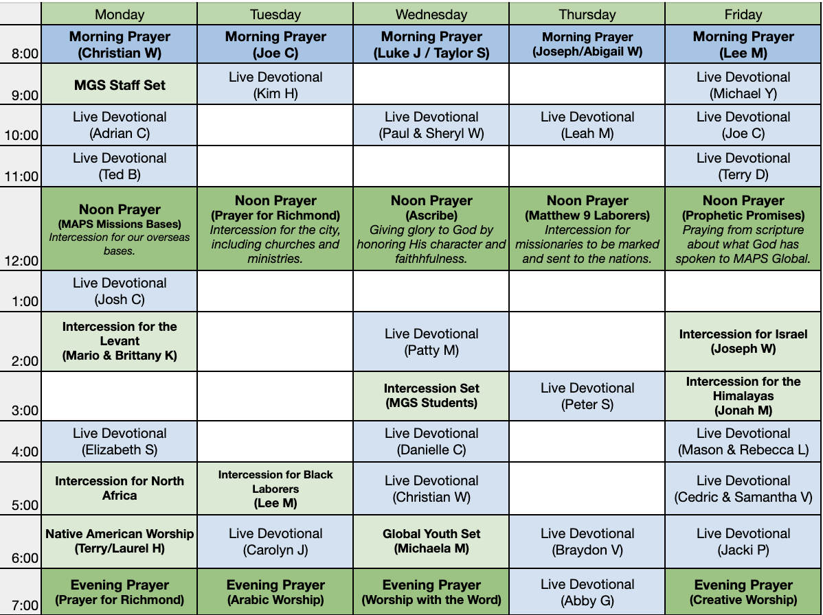 MAPS Global Prayer Room Schedule