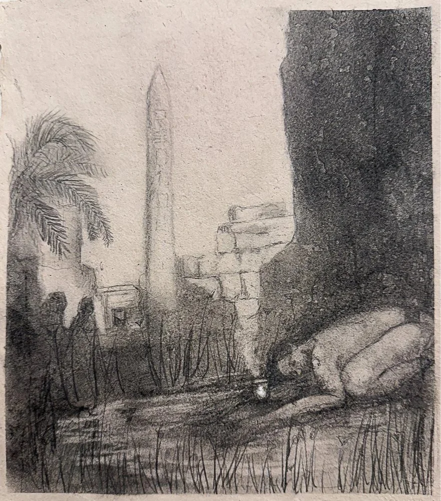  "a place I've dreamed of" graphite and charcoal on handmade paper, 8.5 in X 9.5 in, 2026 