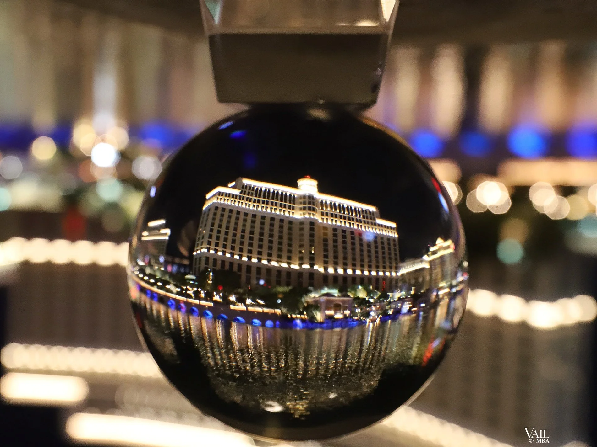 Covid era- the Bellagio as seen thru a reflection globe.