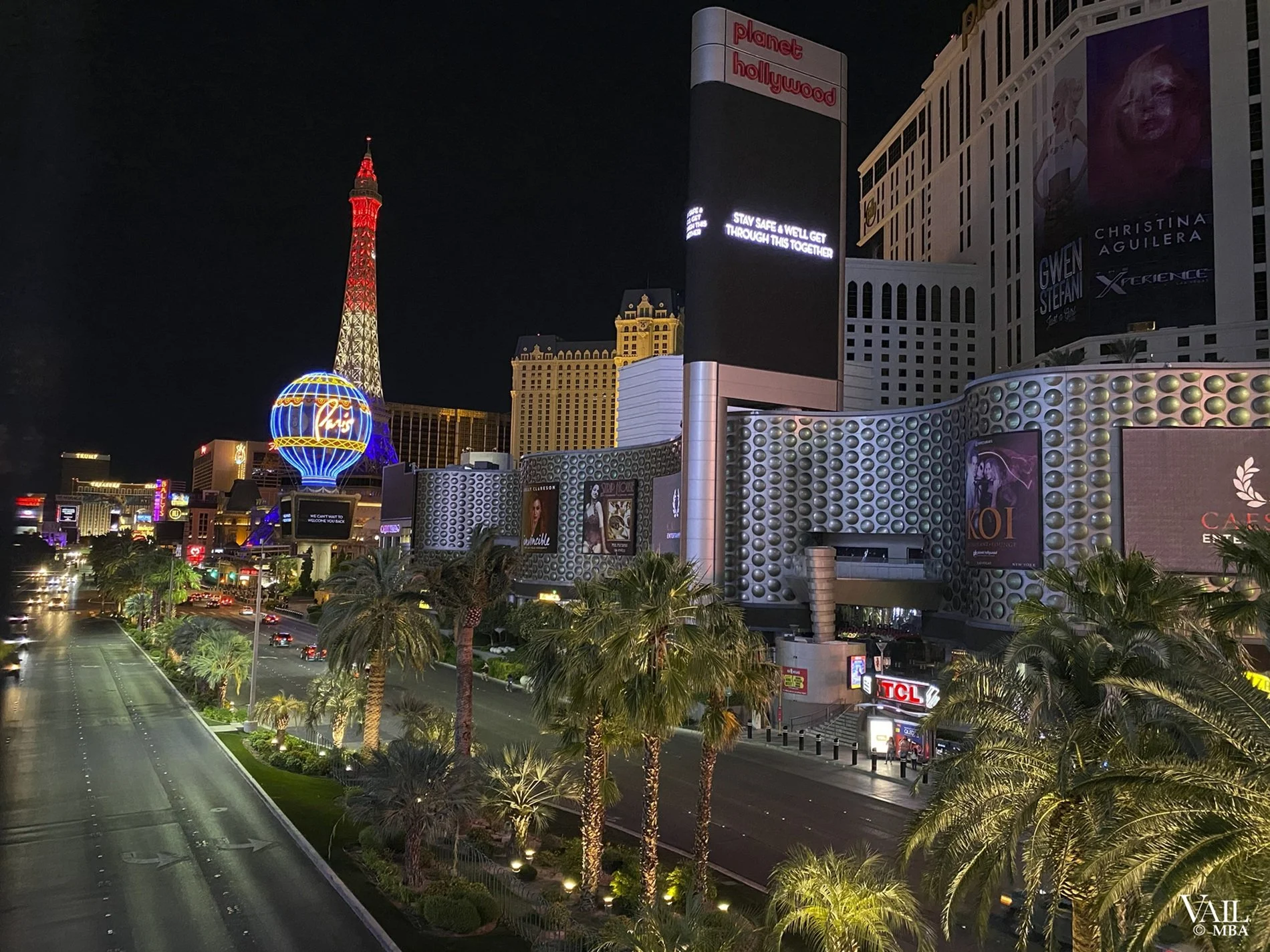 Covid era- Nighttime view of Las Vegas Strip with illuminated buildings.