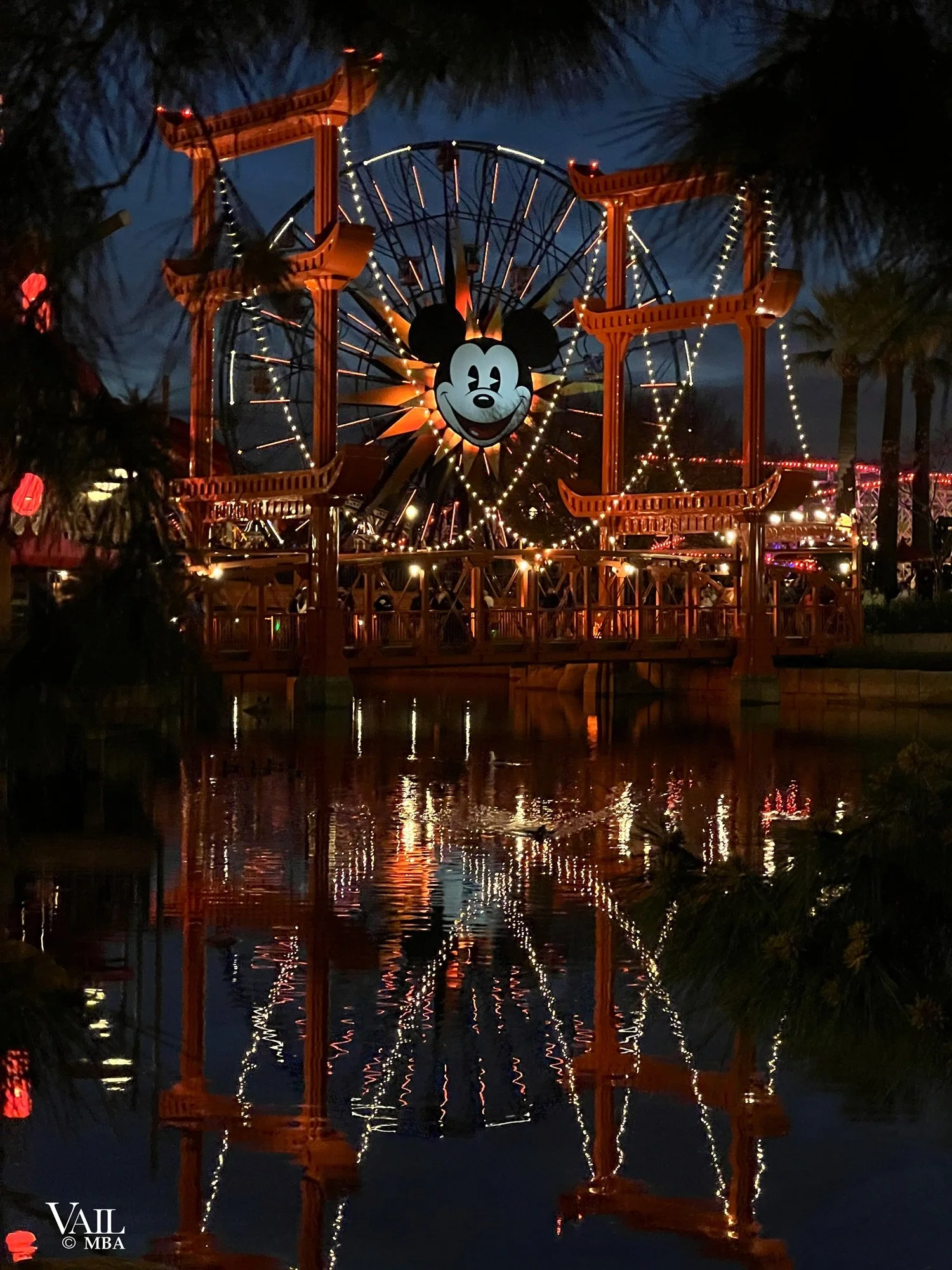 Night photo of Disney Adventureland ferris wheel during Chinese New Year celebration. 