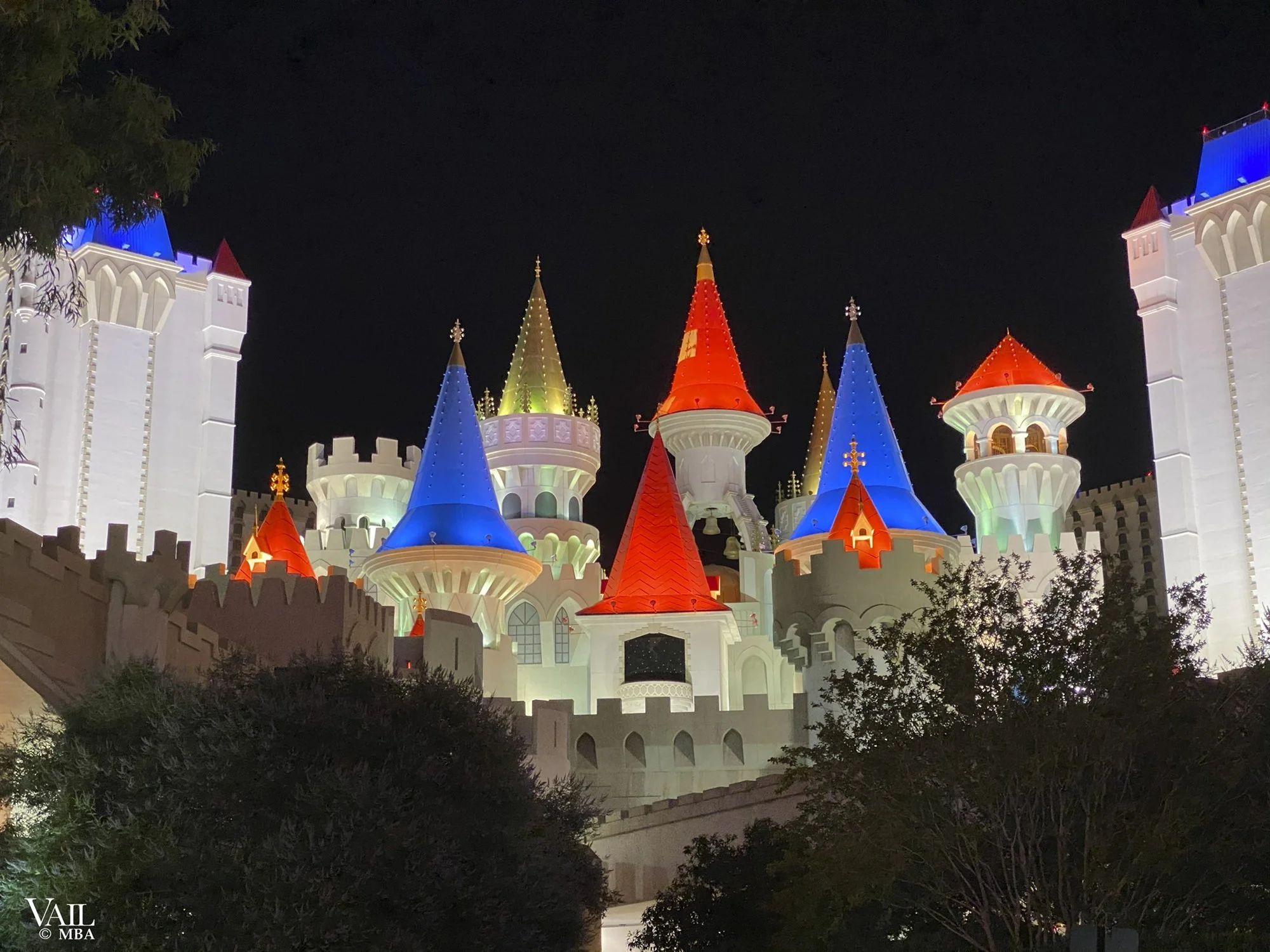 Covid era- Night photo of the Excalibur  Hotel on the Las vegas Strip.
