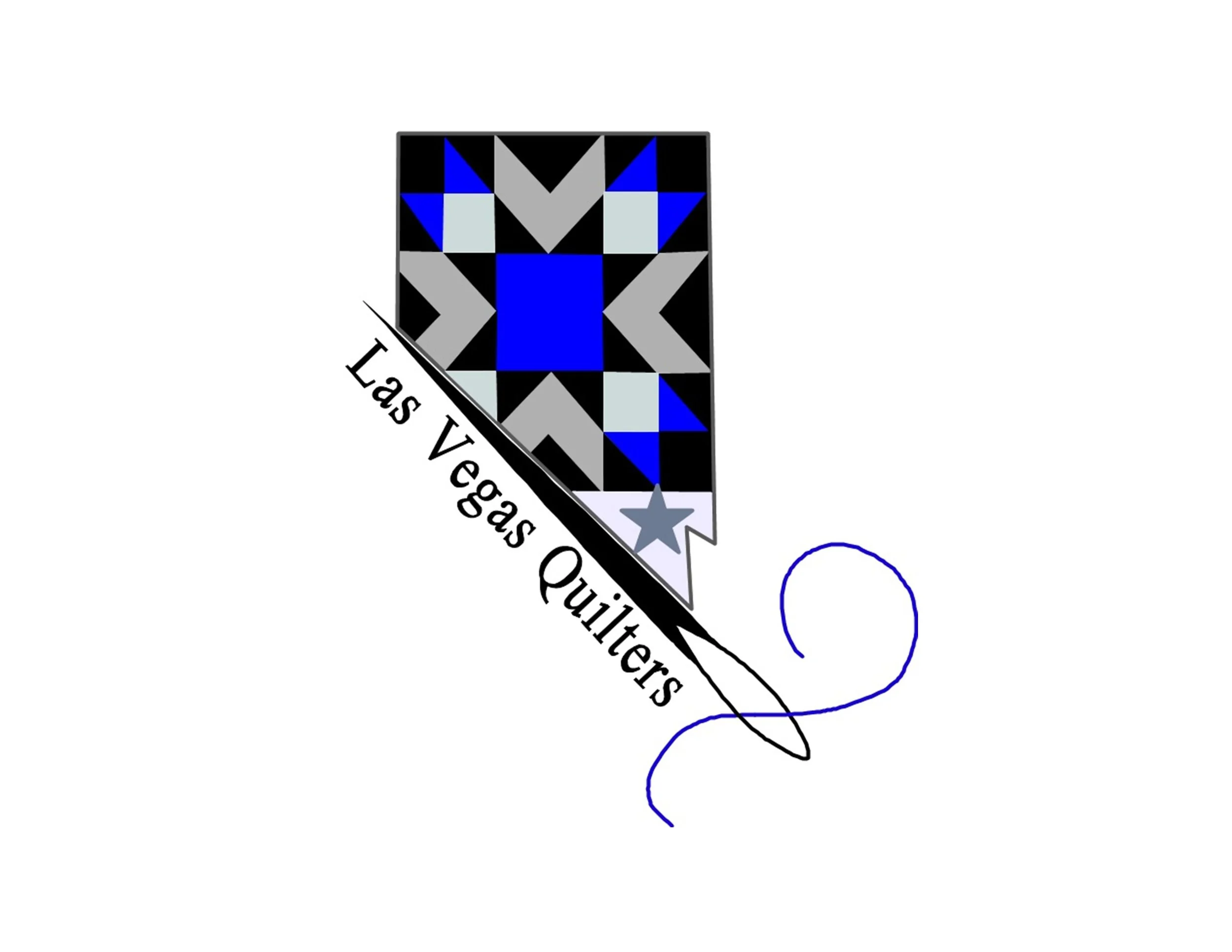 A decorative badge with a black, blue, gray, and light blue geometric pattern. A white ribbon ribbon with black text that reads "Las Vegas Quilters" is diagonally across the badge, and a gray star with a blue outline is attached to the ribbon. A blue thread with a loose end is also depicted.