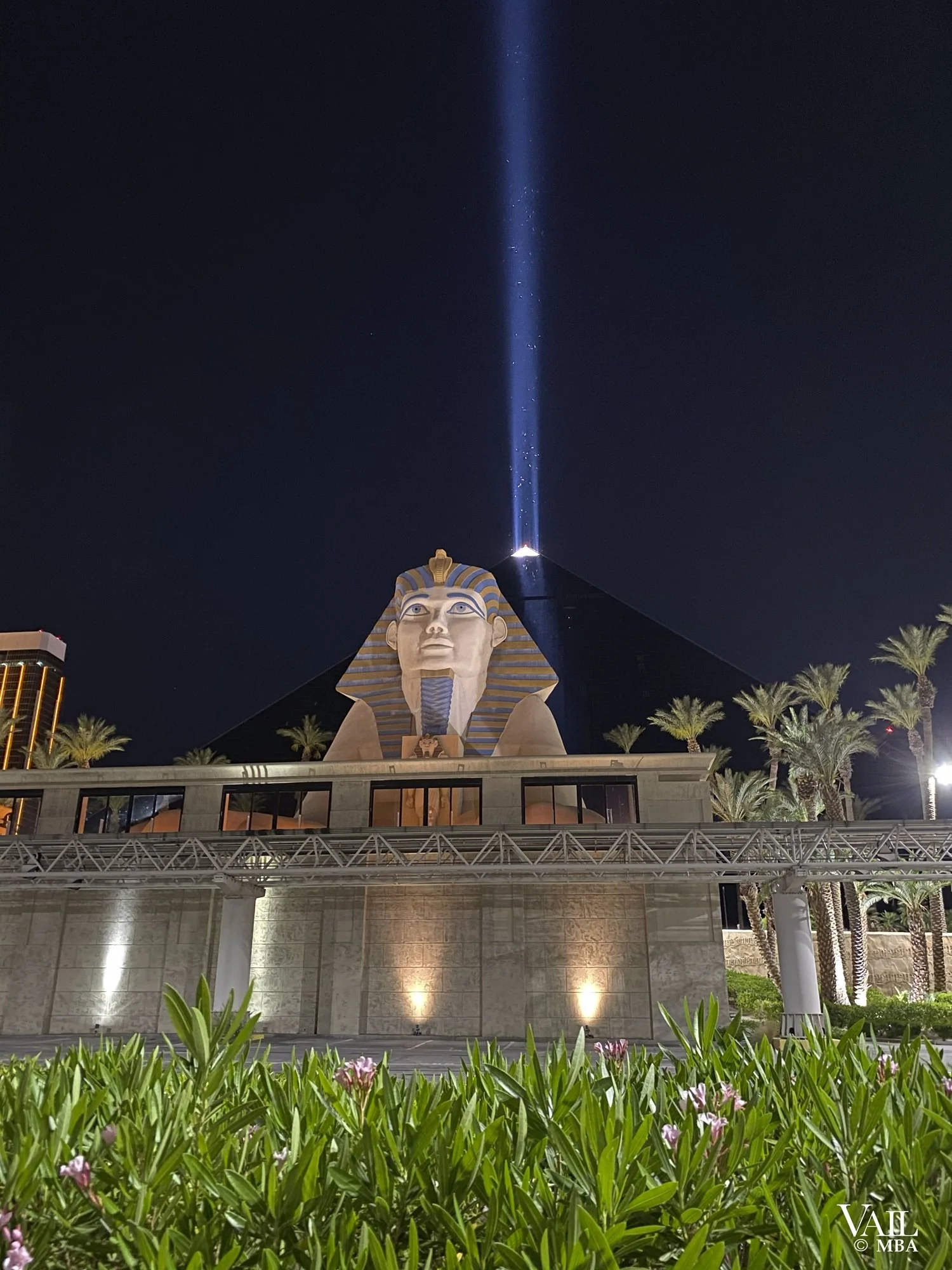 Covid era- Nighttime view of the Luxor Hotel in Las Vegas featuring a large sphinx replica in the foreground and a beam of light shooting from the pyramid top into the night sky.