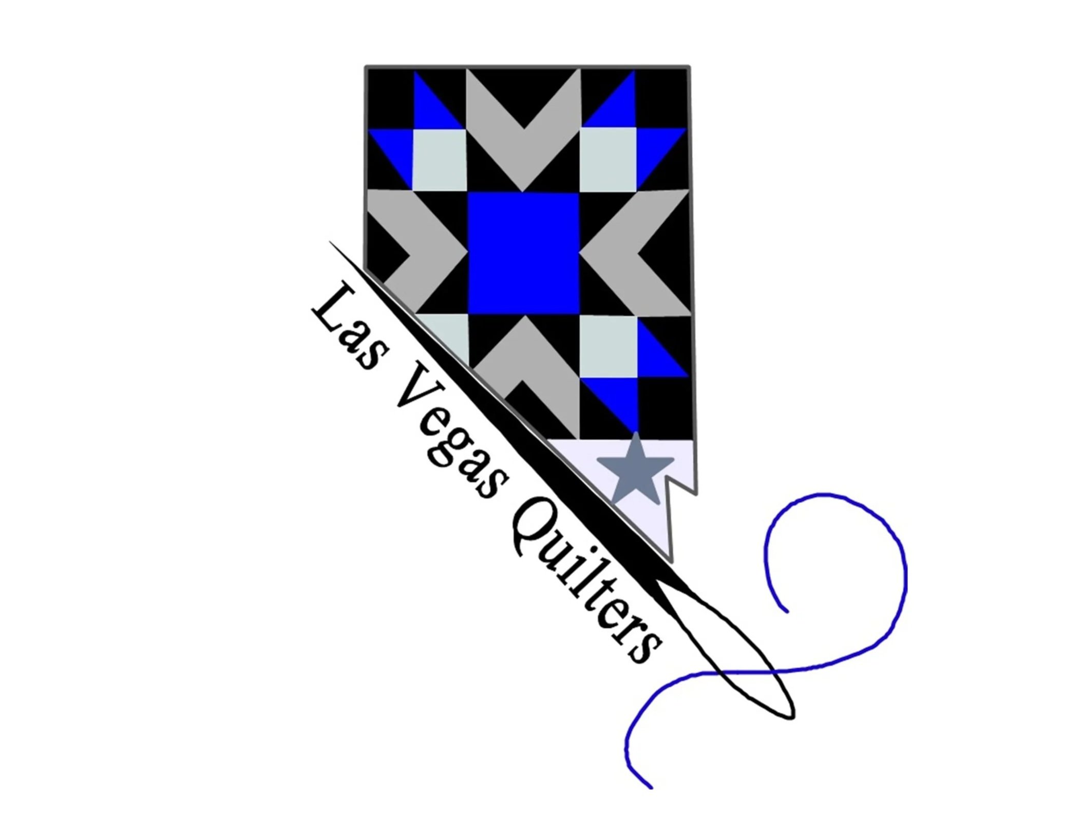 Logo for Las Vegas Quilt Guild featuring a stylized quilt block with blue, black, gray, and white geometric patterns, and the guild's name written diagonally with a needle and thread.