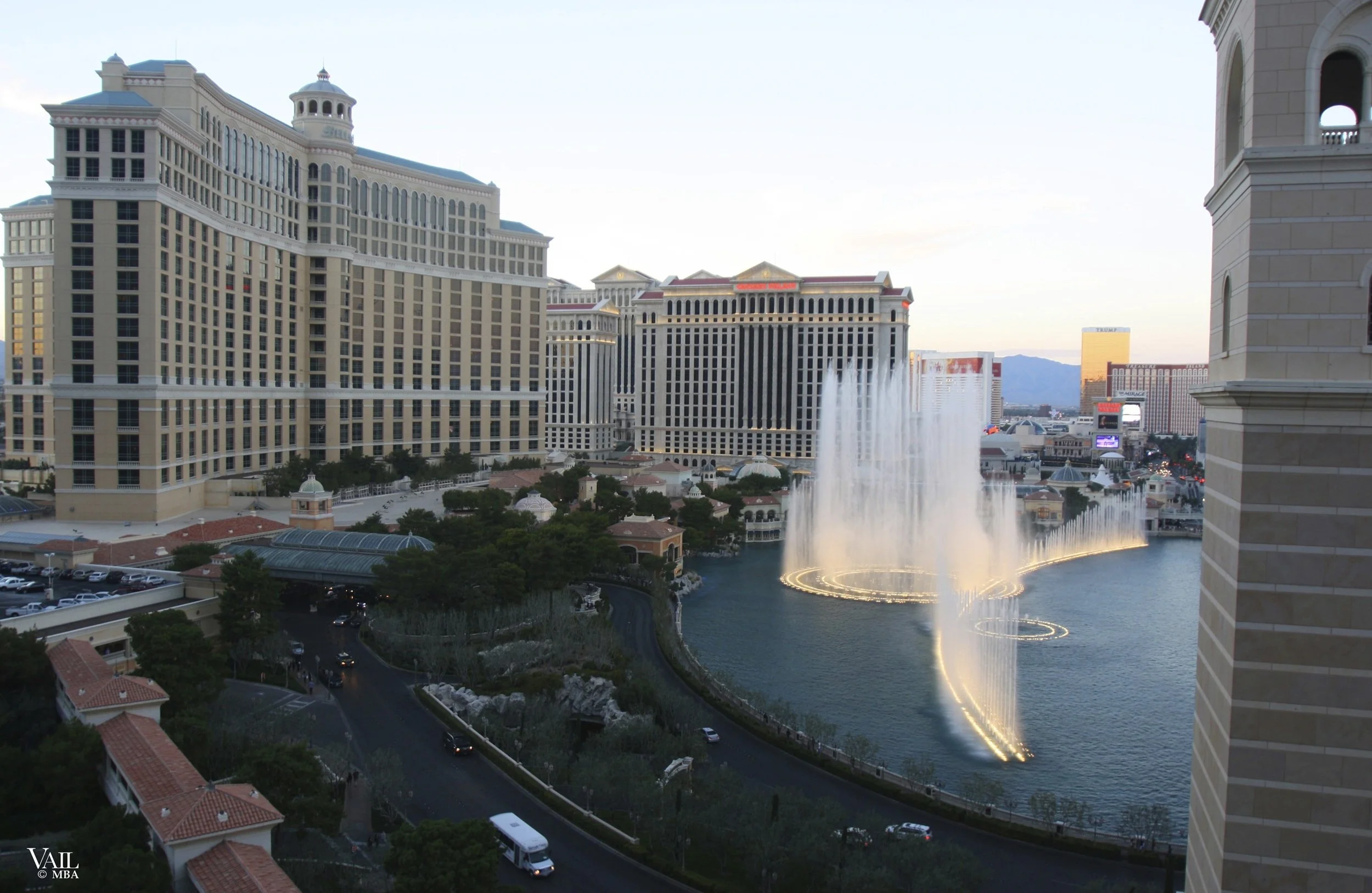 Dusk photo of the Bellagio fountains.
