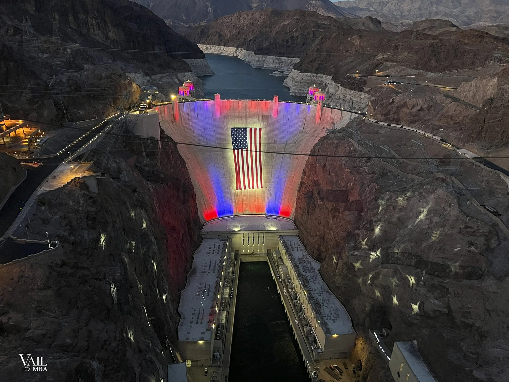 The Hoover Dam America 250 flag and light display.
