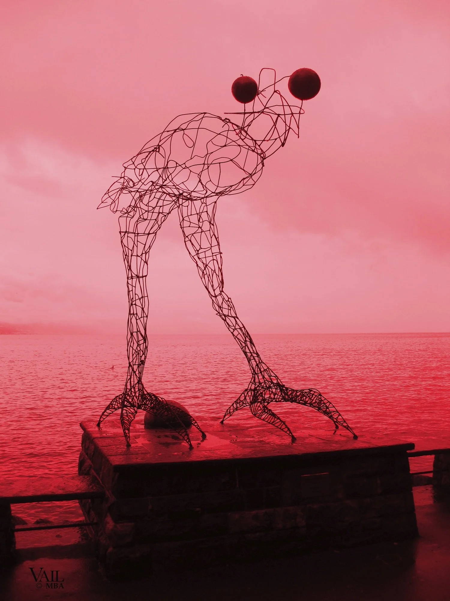 Stylized wire bird sculpture in Switzerland.