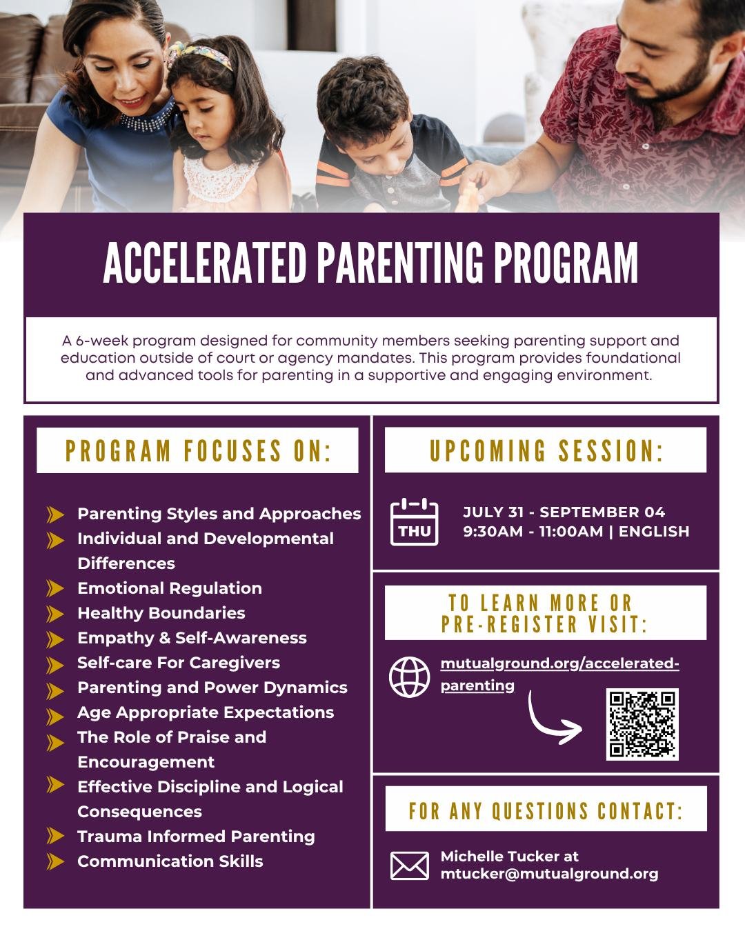 📣 Pre-Enrollment is Now Open 📣
Join our Accelerated Parenting Program! A 6-week program designed for community members seeking parenting support and education outside of court or agency mandates. This program provides foundational and advanced too
