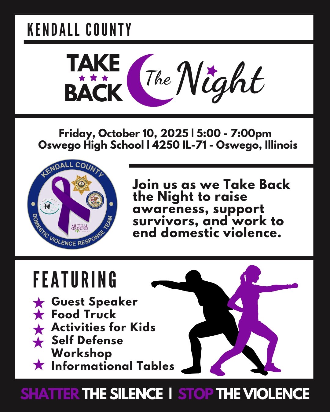 SAVE THE DATE for Kendall County's Take Back the Night!
We're coming together to bring awareness towards Domestic Violence! This impactful event will feature a inspiring guest speaker, information tables from organizations dedicated to assisting su