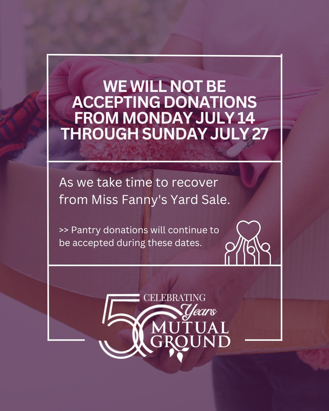 ✨DONATION HOURS UPDATE✨
We will not be accepting donations from Monday July 14th through Sunday July 27th as we take time to recover from Miss Fannie's Yard Sale.
*Pantry donations will continue to be accepted during these dates.
Regular donation
