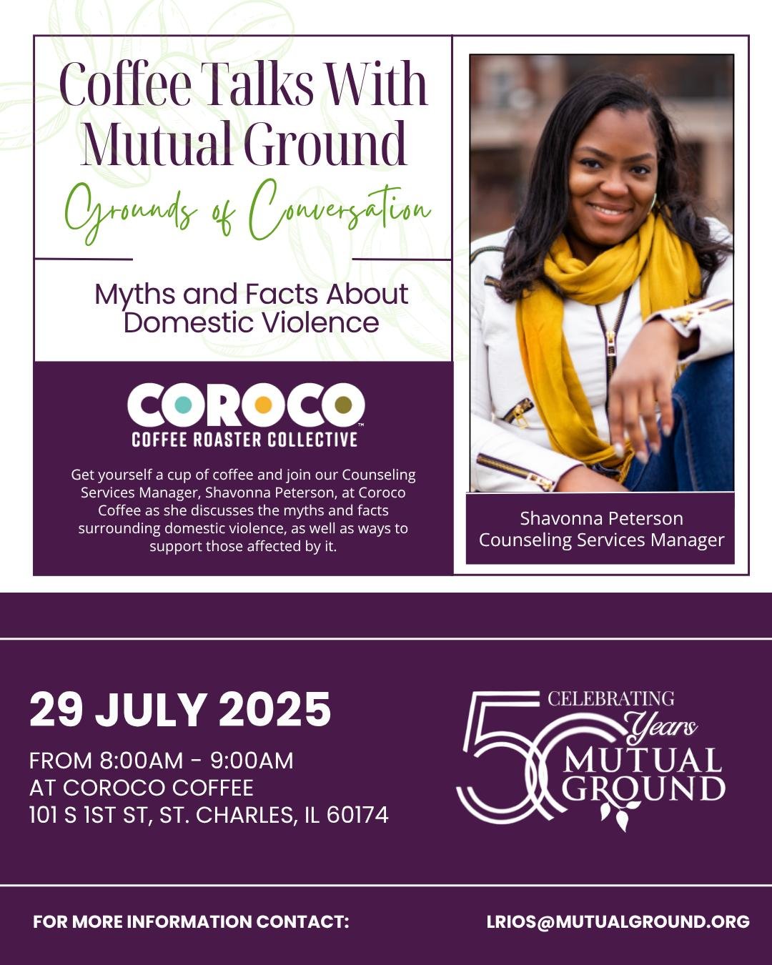 We are 2 WEEKS AWAY from July's Coffee Talks With Mutual Ground! Join us on July 29th at 8:00 AM at Coroco Coffee for a thought-provoking discussion led by our Counseling Services Manager, Shavonna Peterson. Dive into the conversation surrounding the