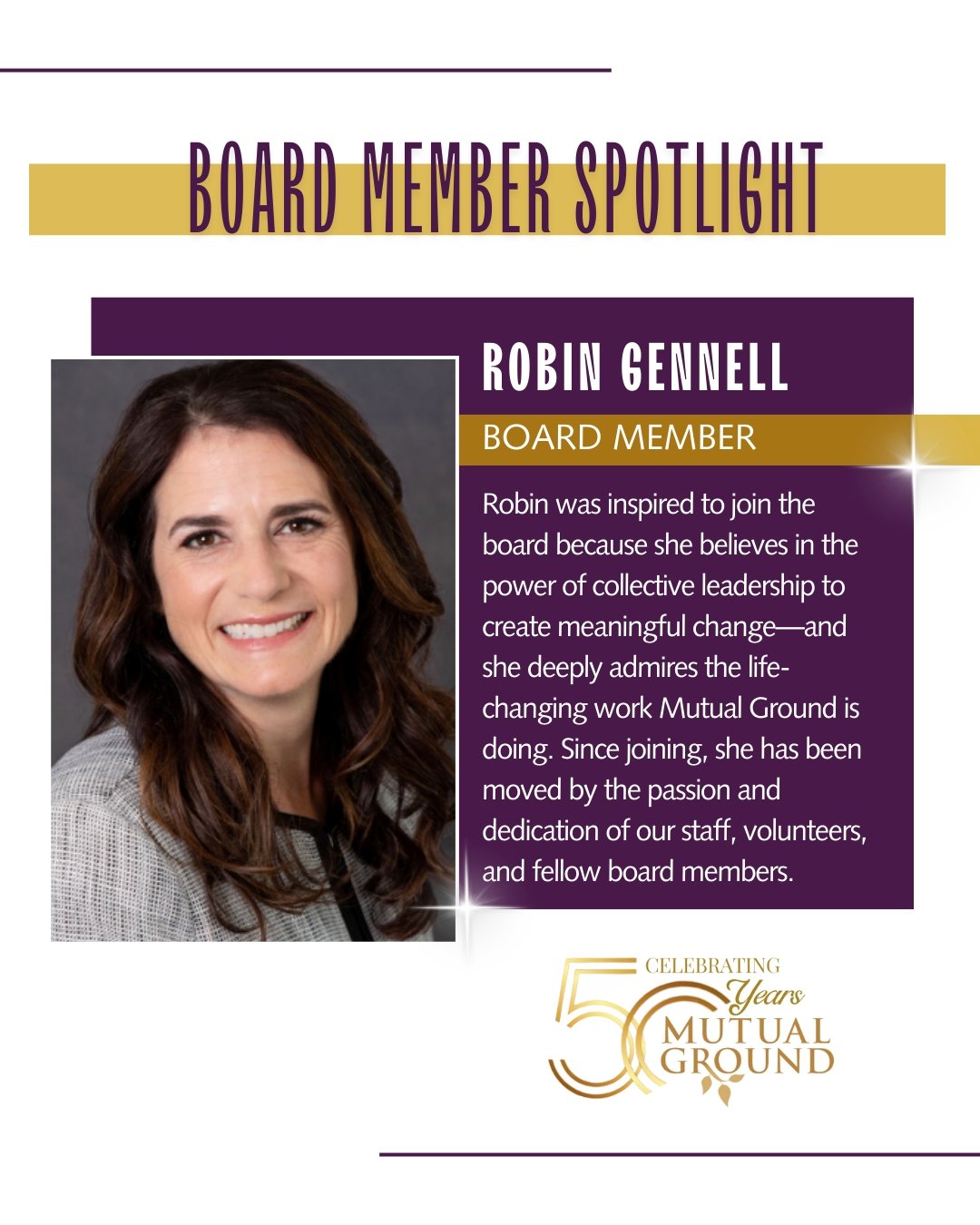 ⭐ Board Member Spotlight – Robin Gennell⭐
We are thrilled to welcome Robin Gennell to our Board of Directors! Robin is a community-minded leader with a strong background in strategic planning and program management. She thrives in collaborativ