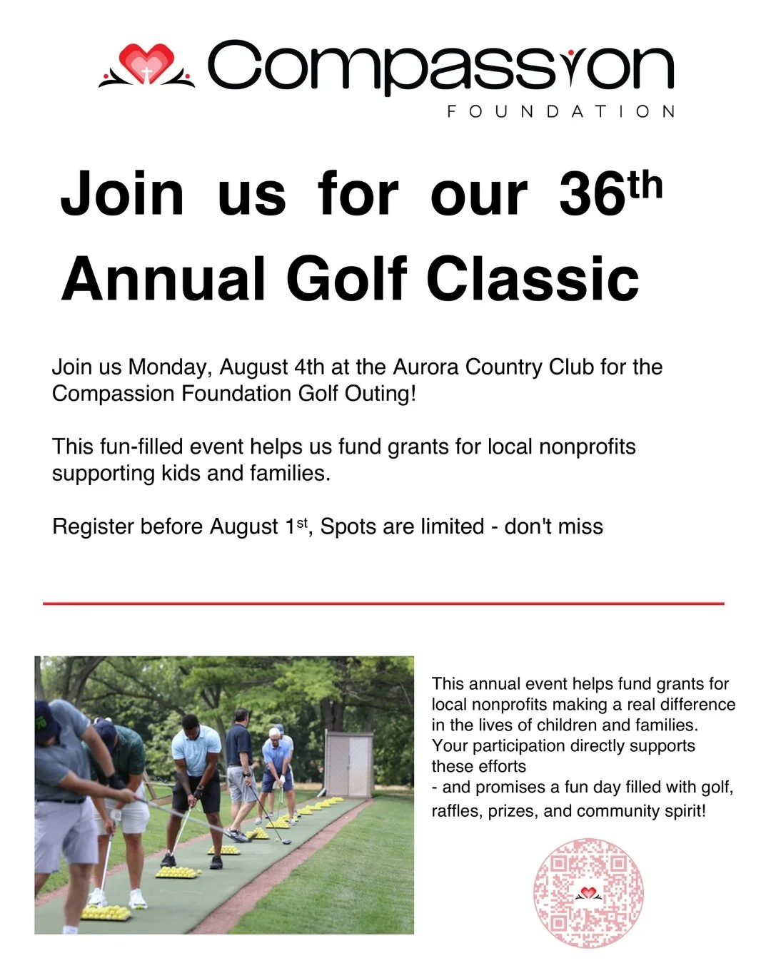 Join the Compassion Foundation for their 36th Annual Golf Outing at Aurora Country Club on Monday, August 4th. Enjoy a day of golf with gourmet lunch and dinner, and a chance to win fantastic prizes and raffles. Don’t miss this unique blend of