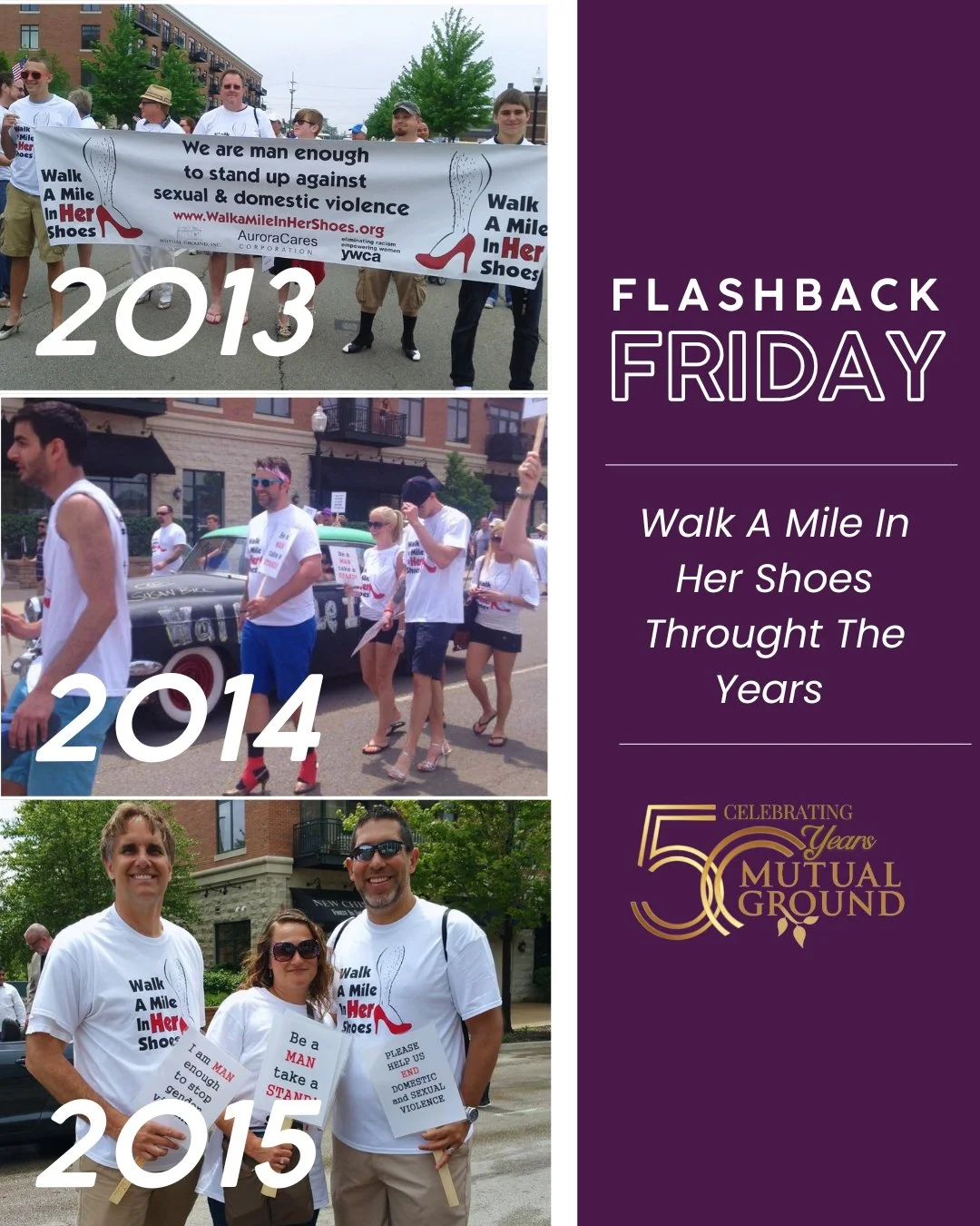 ⭐Flashback Friday⭐
Mutual Ground brought Walk A Mile In Her Shoes to Aurora’s Downtown Parades! Men slipped into high heels and strutted with purpose — taking bold steps to march against rape, sexual assault, and gender-based violence. ?