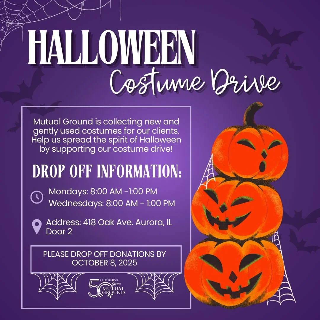 Mutual Ground is collecting new and gently used costumes, along with candy, to bring some Halloween magic to our clients! 🎃
Donation Drop-Off Information:
🕐 Mondays: 8:00 AM -1:00 PM
🕐 Wednesdays: 8:00 AM - 1:00 PM
📍Mutual Ground: 418 Oak Ave.