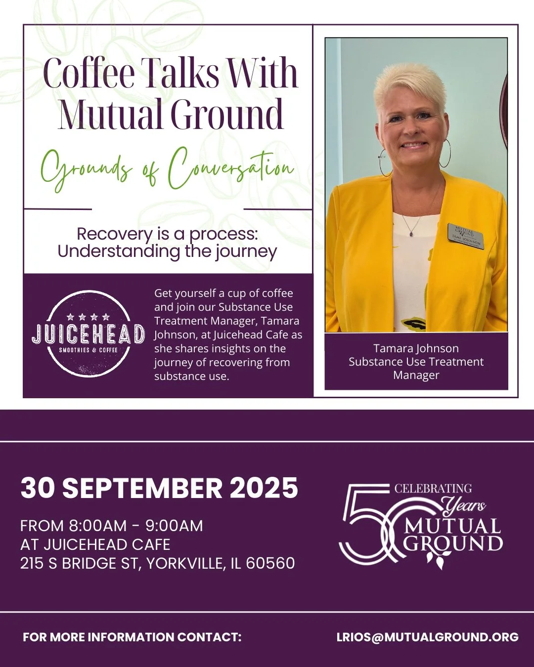 Get yourself a cup of coffee and join us on September 30th at 8:00 AM at Juicehead Cafe for an engaging Coffee Talk with our Substance Use Treatment Manager, Tamara Johnson. This month, Tamara will share valuable insights on the journey of recovering