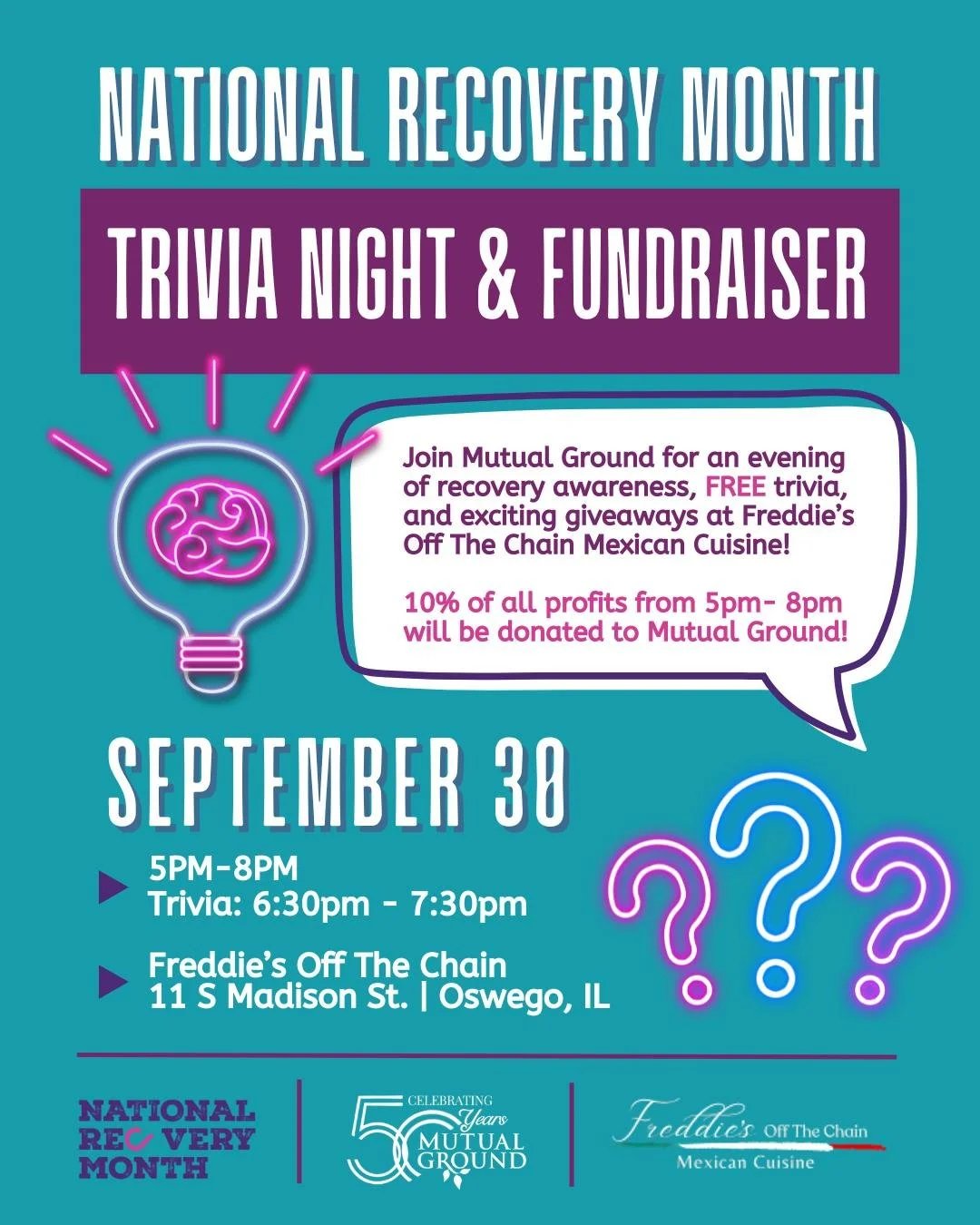 We’re just 2 weeks away from an unforgettable night at Freddie's Off The Chain Mexican Cuisine!
Join us on September 30th anytime between 5 PM and 8 PM for Recovery Awareness Month: Trivia Night & Fundraiser!
Enjoy delicious food, FREE tr