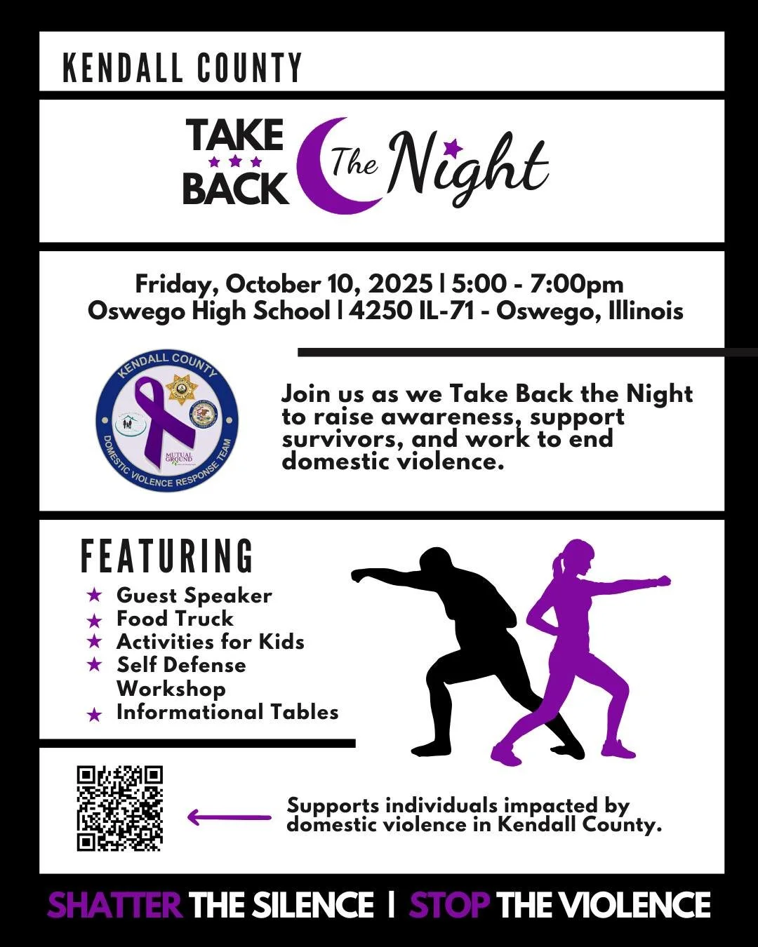⭐ We are ONE DAY AWAY from Kendall County's Take Back The Night⭐
Join us for a powerful evening dedicated to raising awareness about domestic violence and standing in solidarity with survivors. This impactful event will feature a inspiring guest spe