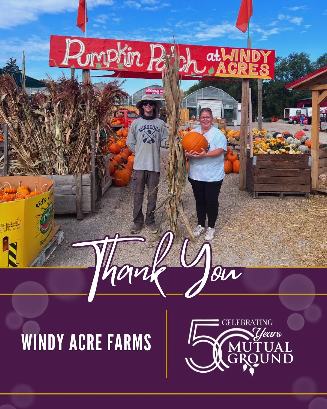 A huge thank you to Windy Acre Farms for their generous donation of pumpkins and tickets! Your support helps make our fall season even brighter! 🍂
#MutualGround #WindyAcreFarms #ThankYou